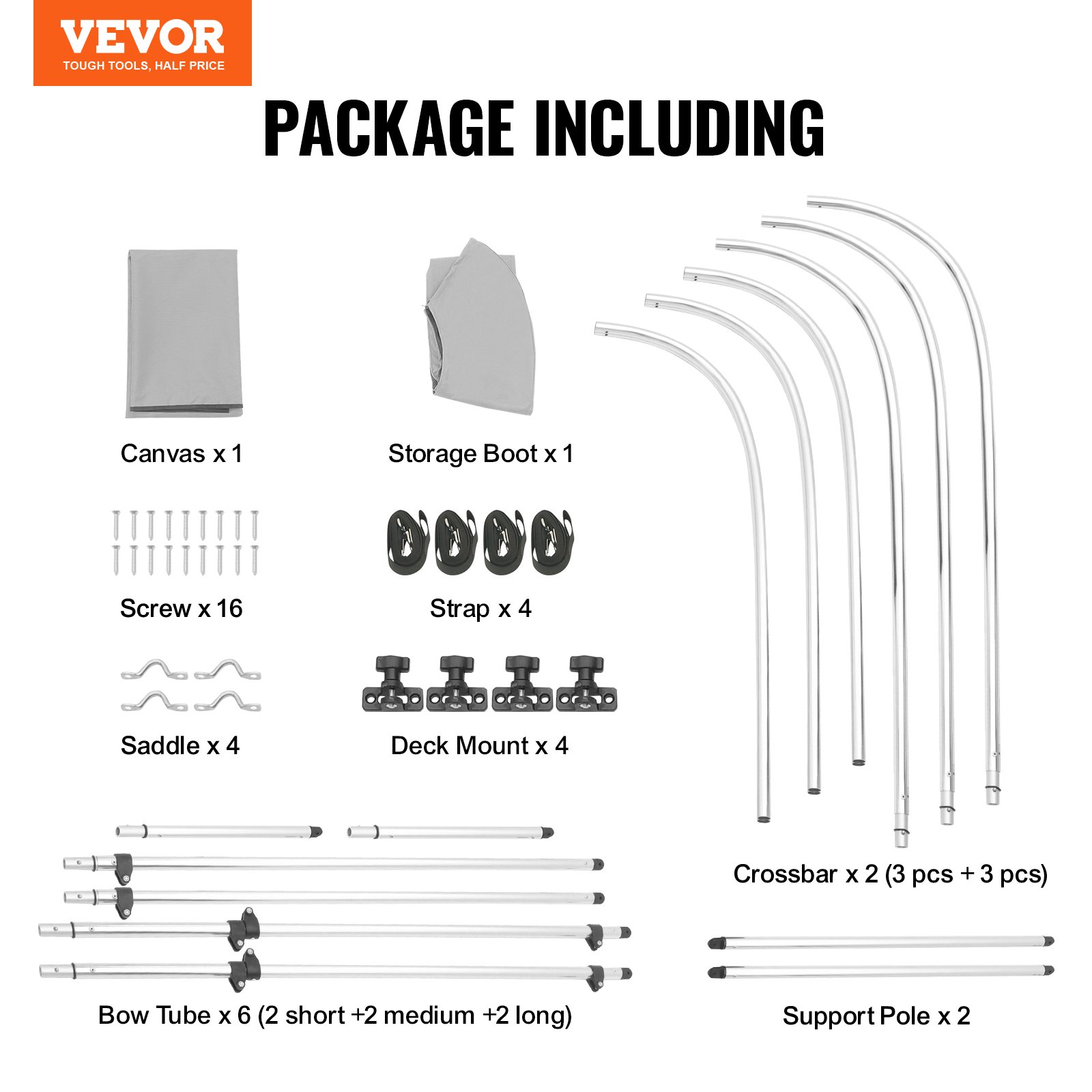 V952-3GCYZYP6L677QR7NKV0-202507141538-06 VEVOR 3 Bow Bimini Top Boat Cover, 900D Polyester Canopy with 1" Aluminum Alloy Frame, Waterproof and Sun Shade, Includes Storage Boot, 2 Support Poles, 4 Straps, 6'L x 46"H x 67"-72"W, Light Grey - Image 7