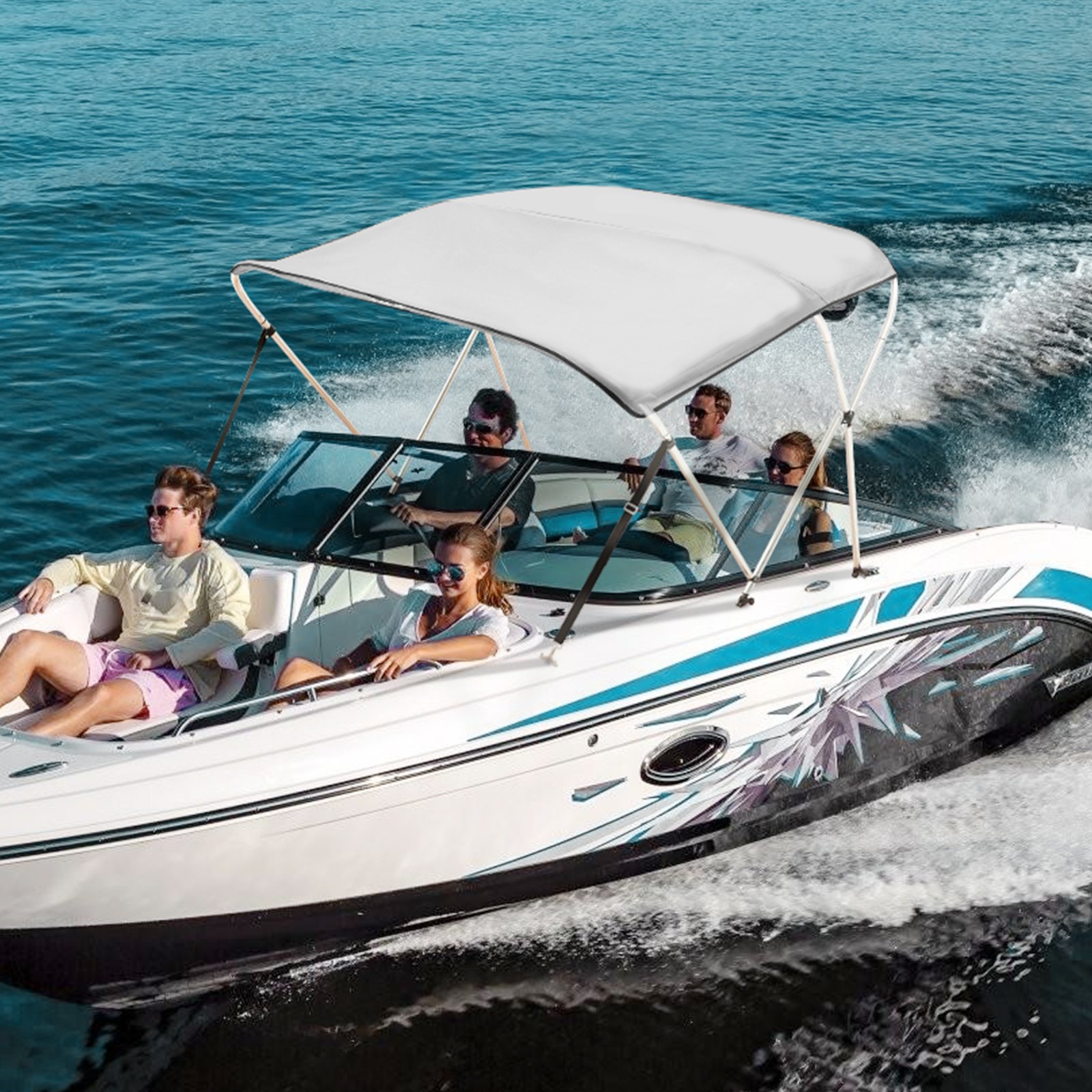 V952-3GCYZYP6L677QR7NKV0-202507141538-07 VEVOR 3 Bow Bimini Top Boat Cover, 900D Polyester Canopy with 1" Aluminum Alloy Frame, Waterproof and Sun Shade, Includes Storage Boot, 2 Support Poles, 4 Straps, 6'L x 46"H x 67"-72"W, Light Grey - Image 8