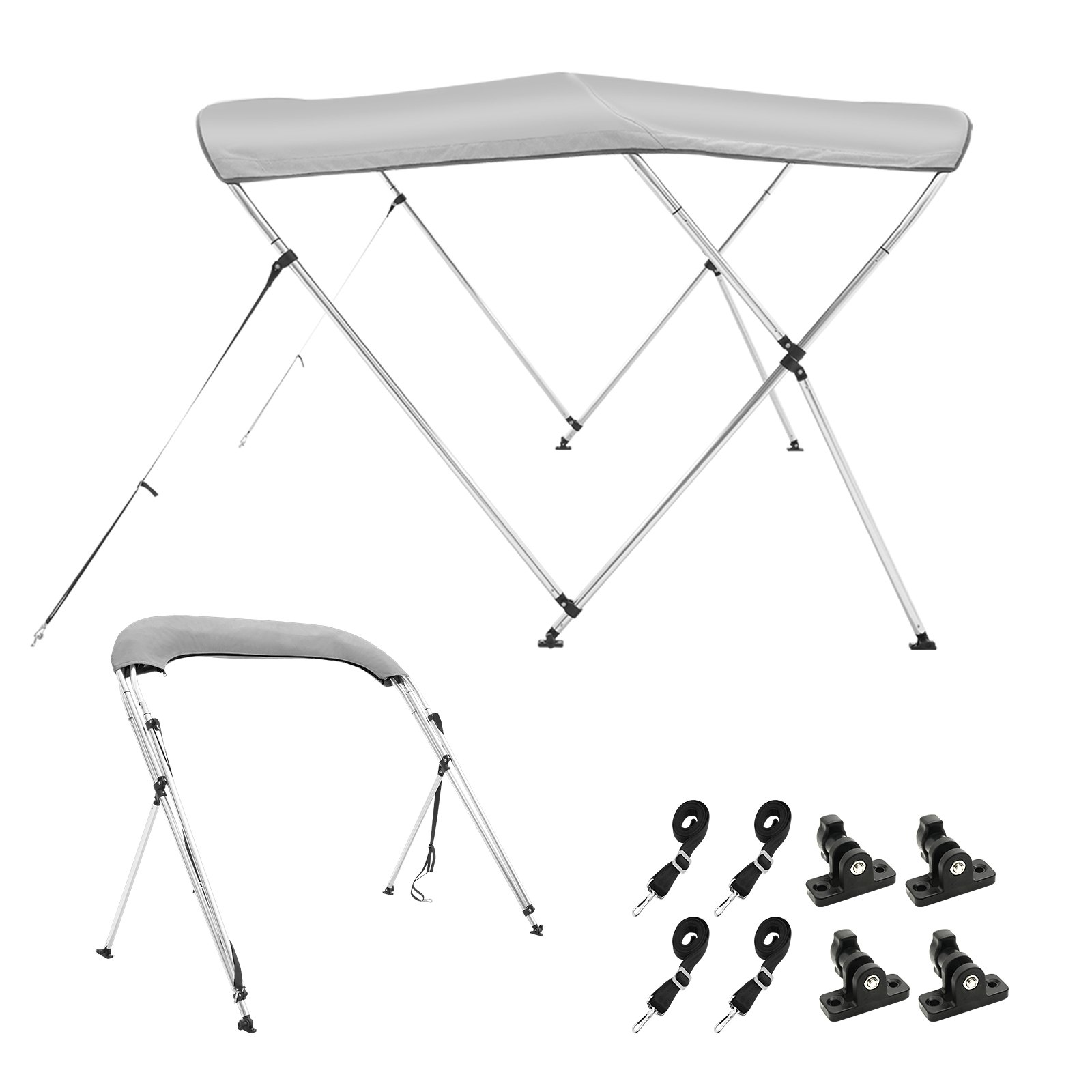 V952-3GCYZYP6L677QR7NKV0-202507141538-08 VEVOR 3 Bow Bimini Top Boat Cover, 900D Polyester Canopy with 1" Aluminum Alloy Frame, Waterproof and Sun Shade, Includes Storage Boot, 2 Support Poles, 4 Straps, 6'L x 46"H x 67"-72"W, Light Grey - Image 9