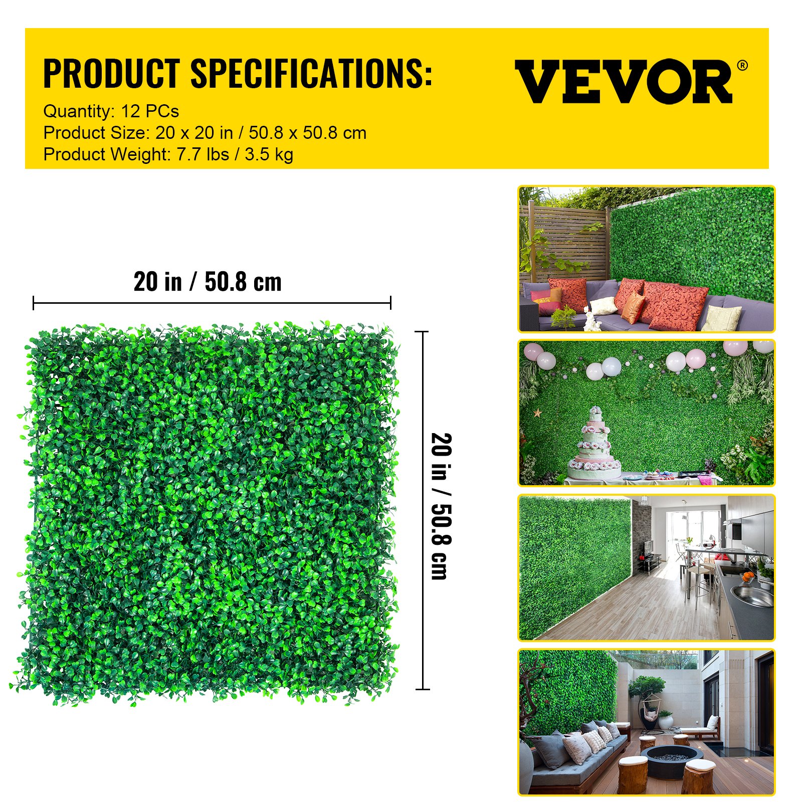 V952-AQFSYCGTYSW246OI9V0-202507141212-06 VEVOR Artificial Boxwood Panels, 12 PCS 20"x20" Boxwood Hedge Wall Panels, PE Artificial Grass Backdrop Wall 1.6"", Privacy Hedge Screen for Decoration of Outdoor, Indoor, Garden, Fence, and Backyar - Image 7