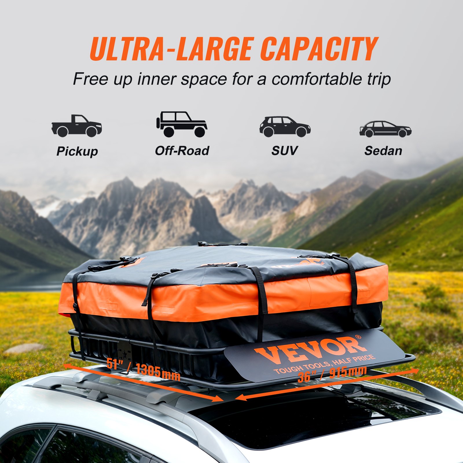 V952-CDXLJJY251365ROA4V0-202508011506-03 VEVOR Roof Rack Cargo Basket 200 LBS 51"x36"x5" for SUV Truck with Luggage Bag - Image 4