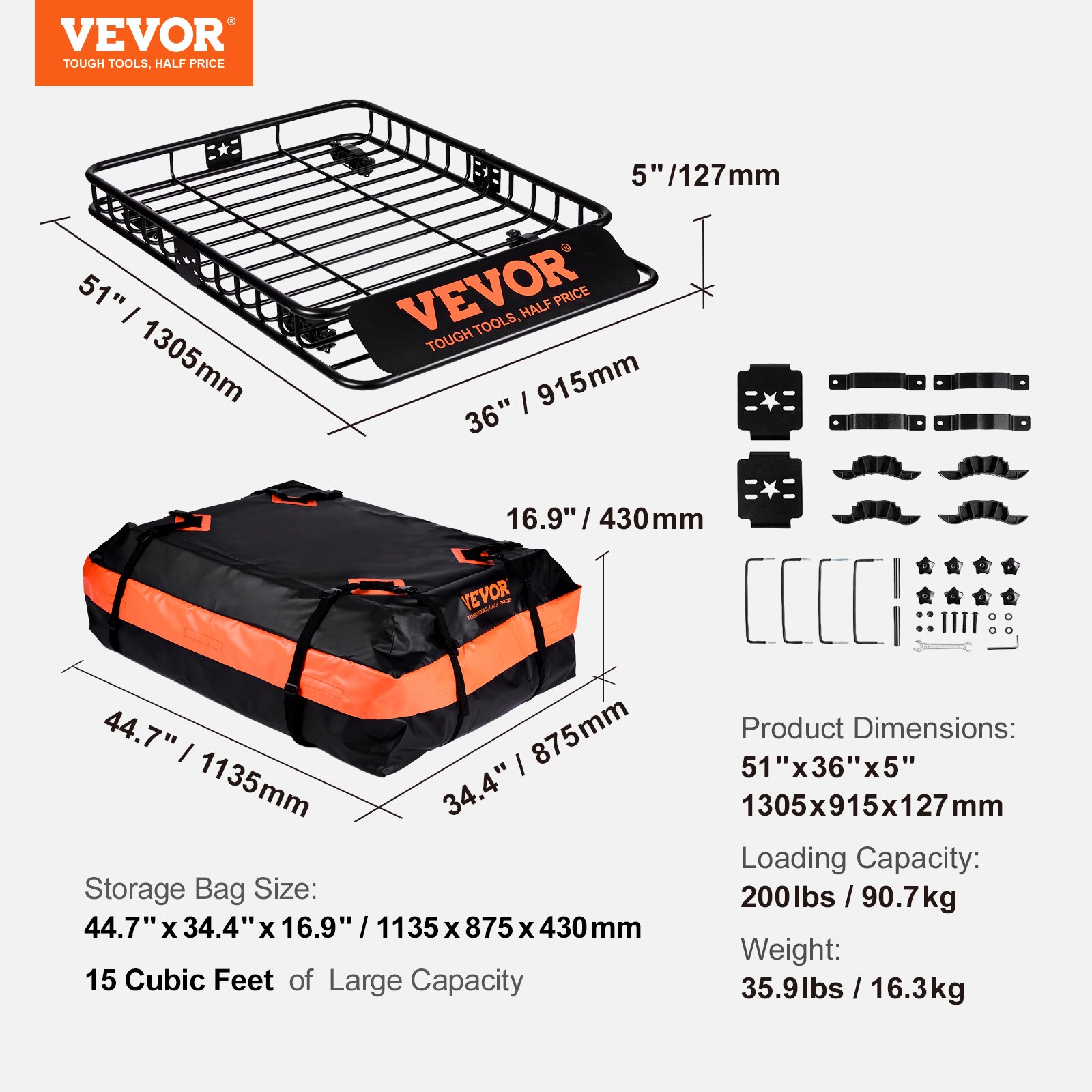 V952-CDXLJJY251365ROA4V0-202508011506-06 VEVOR Roof Rack Cargo Basket 200 LBS 51"x36"x5" for SUV Truck with Luggage Bag - Image 7