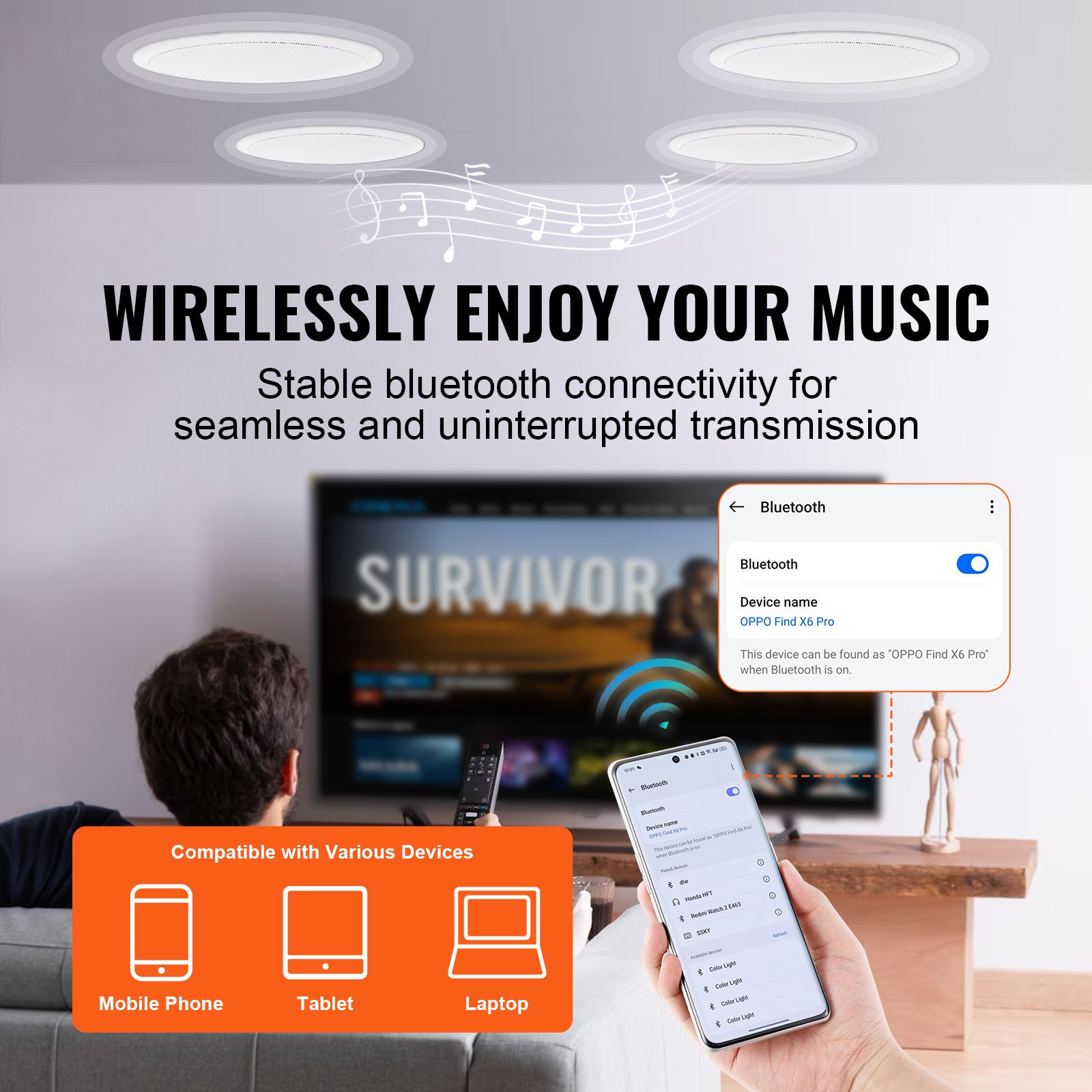 V952-DPXDYSQ65YCSYB22LV3-202507141832-02 VEVOR 4 PCs 165.1 mm Bluetooth in Ceiling Speakers, 150W, Flush Mount Ceiling & in-Wall Speaker System with Impedance 89dB Sensitivity, for Home Kitchen Living Room Bedroom or Covered Porches - Image 3