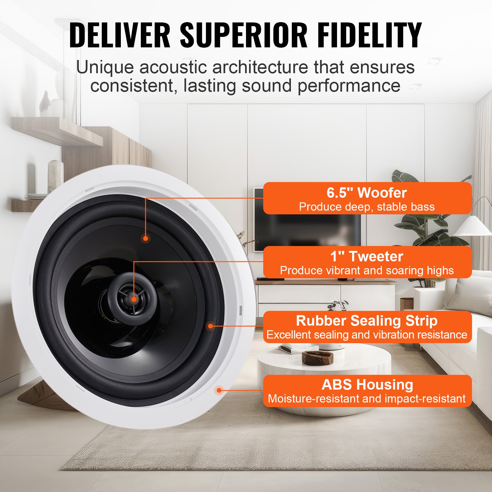 V952-DPXDYSQ65YCSYB22LV3-202507141832-03 VEVOR 4 PCs 165.1 mm Bluetooth in Ceiling Speakers, 150W, Flush Mount Ceiling & in-Wall Speaker System with Impedance 89dB Sensitivity, for Home Kitchen Living Room Bedroom or Covered Porches - Image 4
