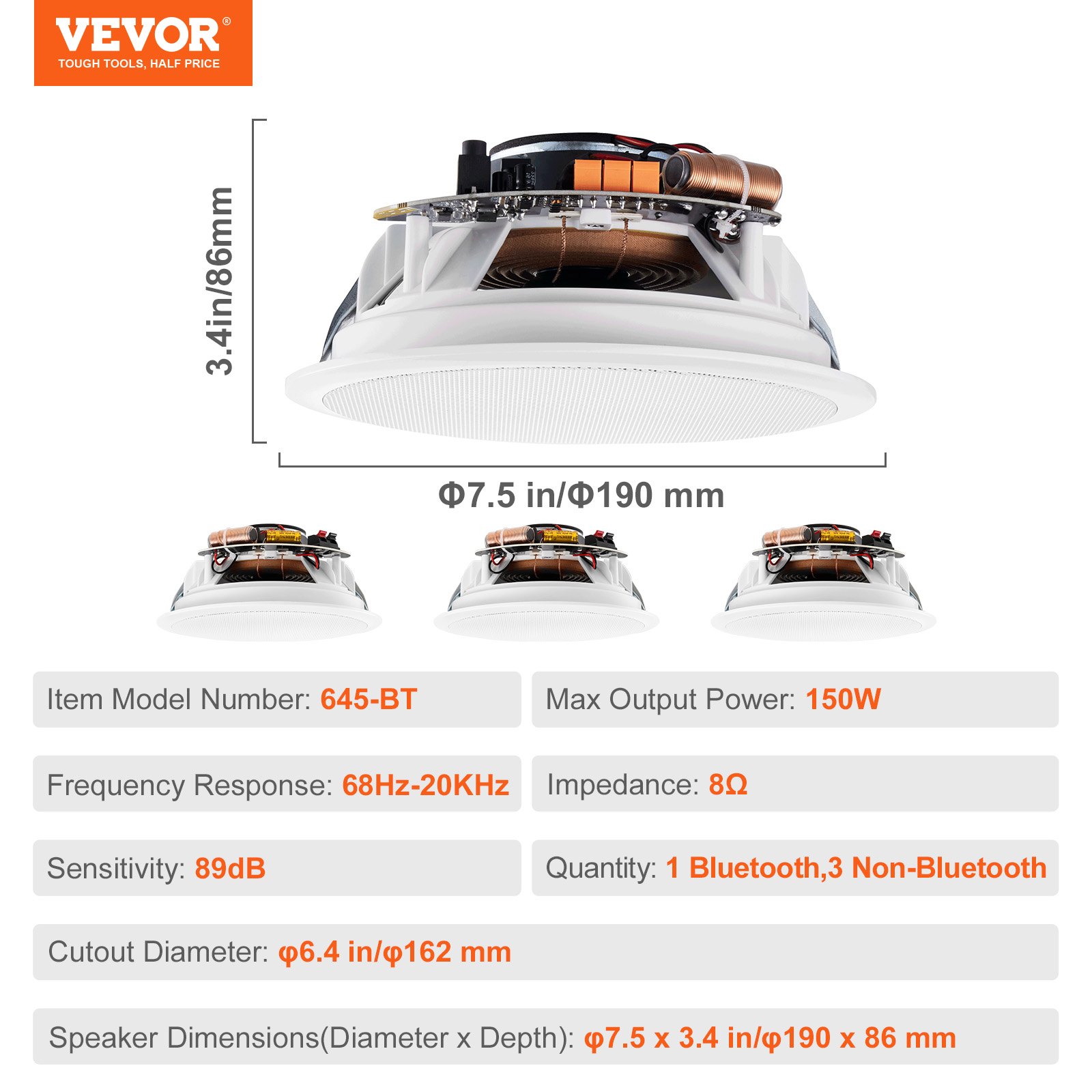 V952-DPXDYSQ65YCSYB22LV3-202507141832-06 VEVOR 4 PCs 165.1 mm Bluetooth in Ceiling Speakers, 150W, Flush Mount Ceiling & in-Wall Speaker System with Impedance 89dB Sensitivity, for Home Kitchen Living Room Bedroom or Covered Porches - Image 7