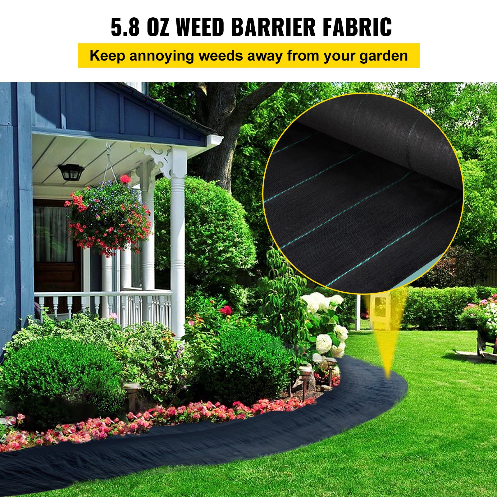 V952-FCBY430058OZWK6GV0-202507141155-01 VEVOR Weed Barrier, 5.8oz Landscape Fabric, 4ft x 300ft Cover Mat Heavy Duty Woven Grass Control Geotextile for Garden, Patio, Black - Image 2