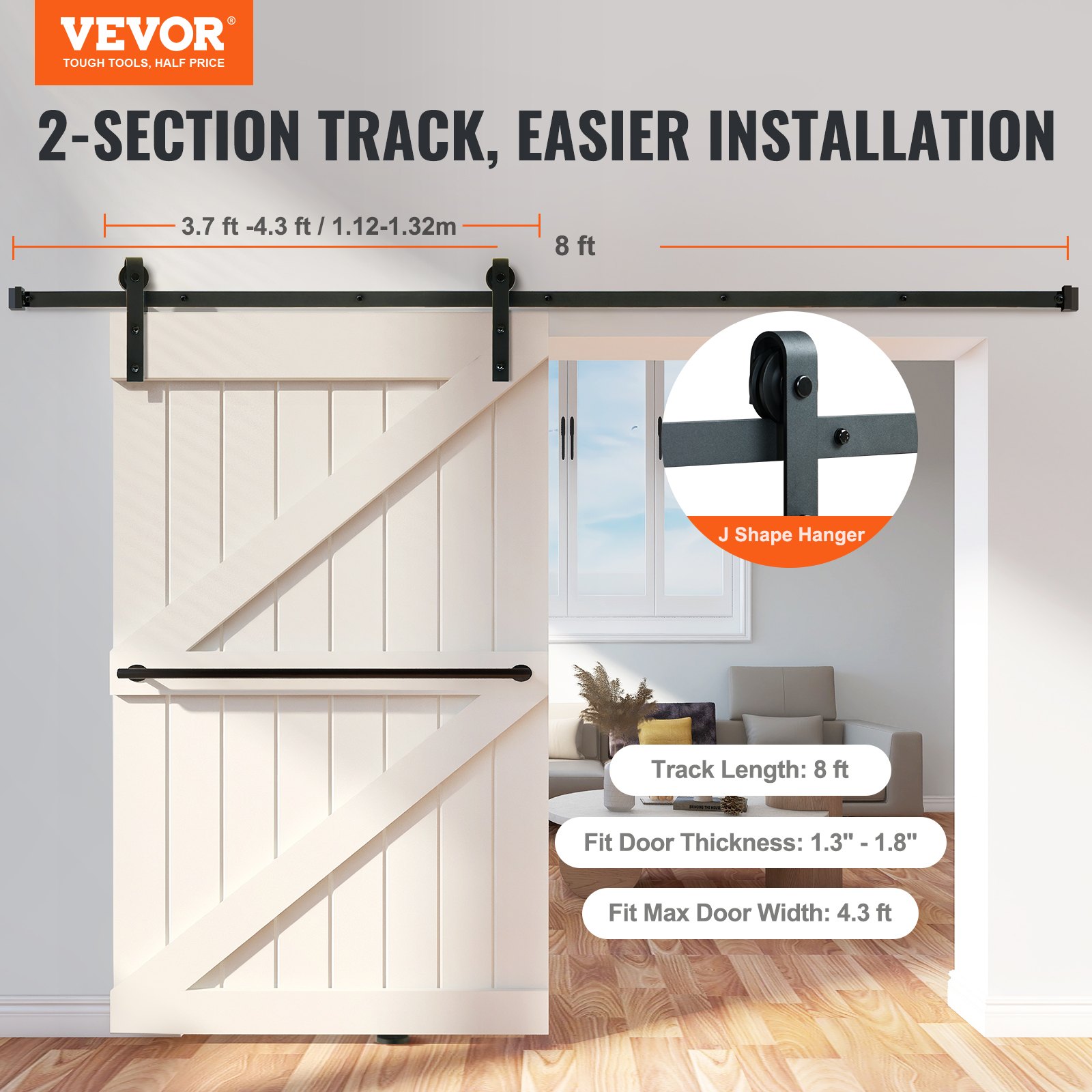 V952-GCYMWJTJHS8FCZEIRV0-202508011821-01 VEVOR 8FT Sliding Barn Door Hardware Closet Track Kit for Single Door J Hanger - Image 2