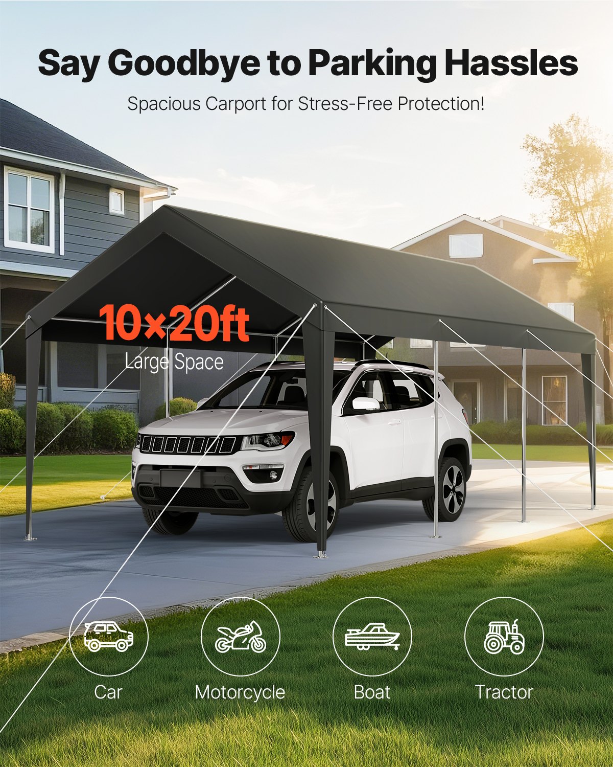 V952-KFSJSQCCKHS8DE5CF001V0-202508011345-01 VEVOR Carport Car Canopy 10 x 20 FT Heavy Duty Portable Car Shelter Tent Grey - Image 2
