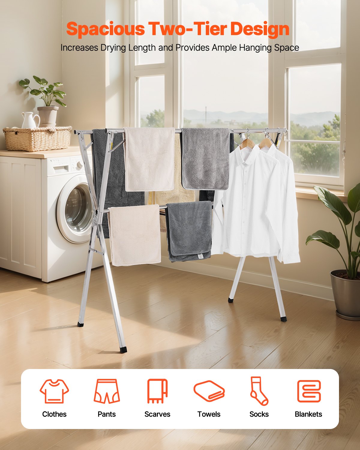 V952-LDSLYJXX1413RO4HO001V0-202508012220-01 VEVOR 2-Tier Telescopic Clothes Drying Rack w/ 30 Windproof Holes & 2 Shoe Hooks - Image 2