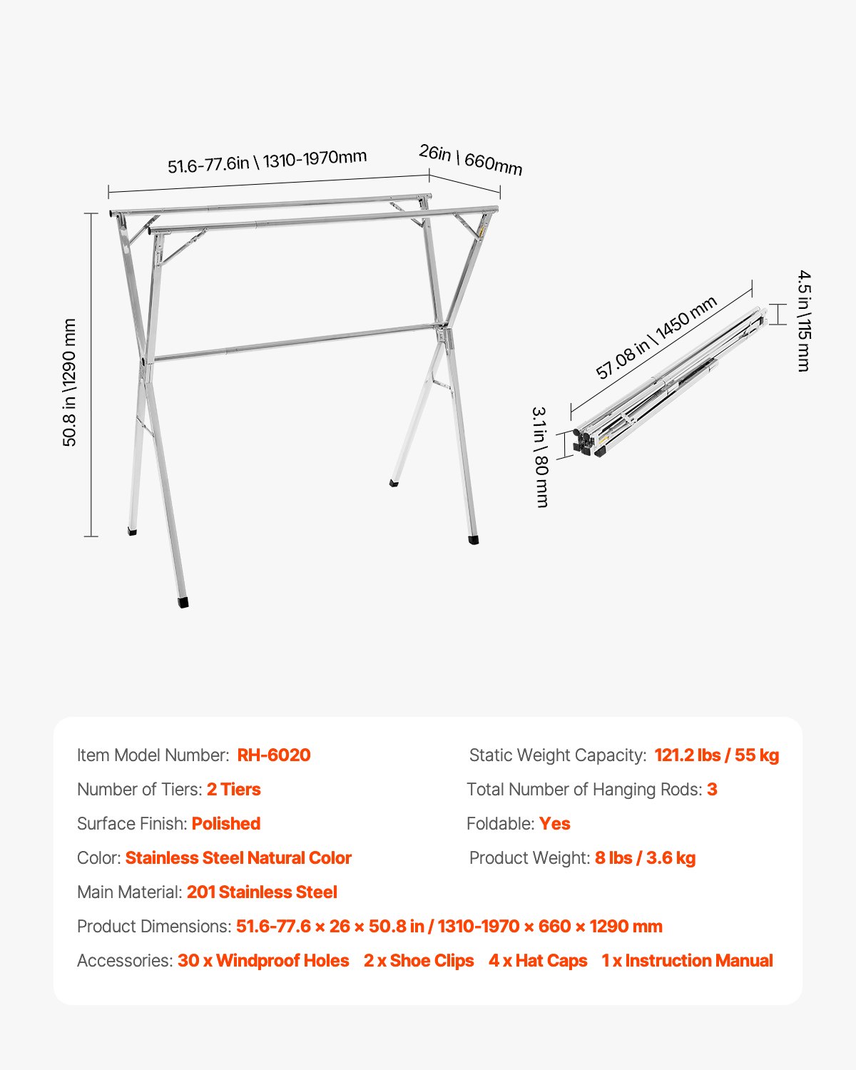V952-LDSLYJXX1413RO4HO001V0-202508012220-06 VEVOR 2-Tier Telescopic Clothes Drying Rack w/ 30 Windproof Holes & 2 Shoe Hooks - Image 7
