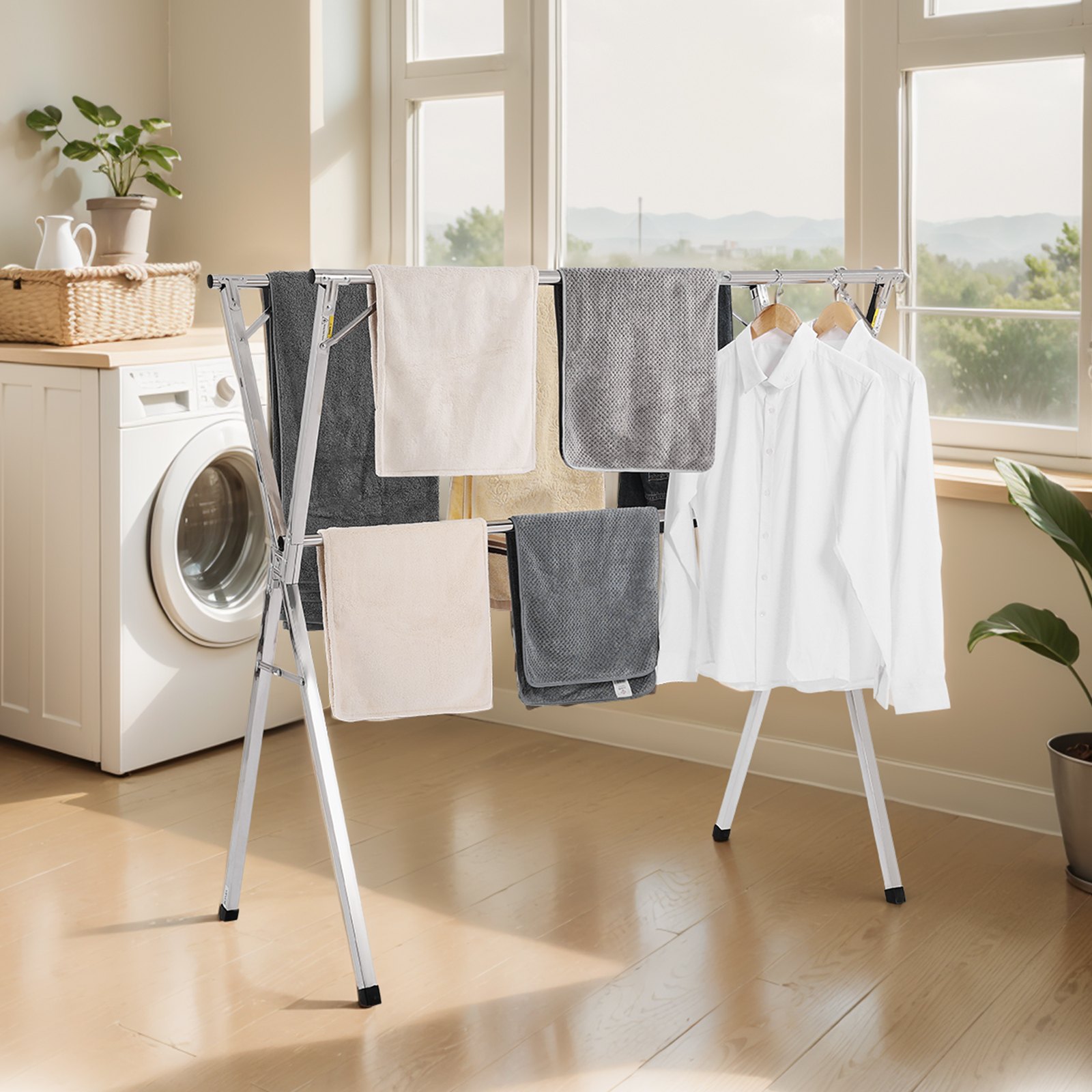 V952-LDSLYJXX1413RO4HO001V0-202508012220-07 VEVOR 2-Tier Telescopic Clothes Drying Rack w/ 30 Windproof Holes & 2 Shoe Hooks - Image 8