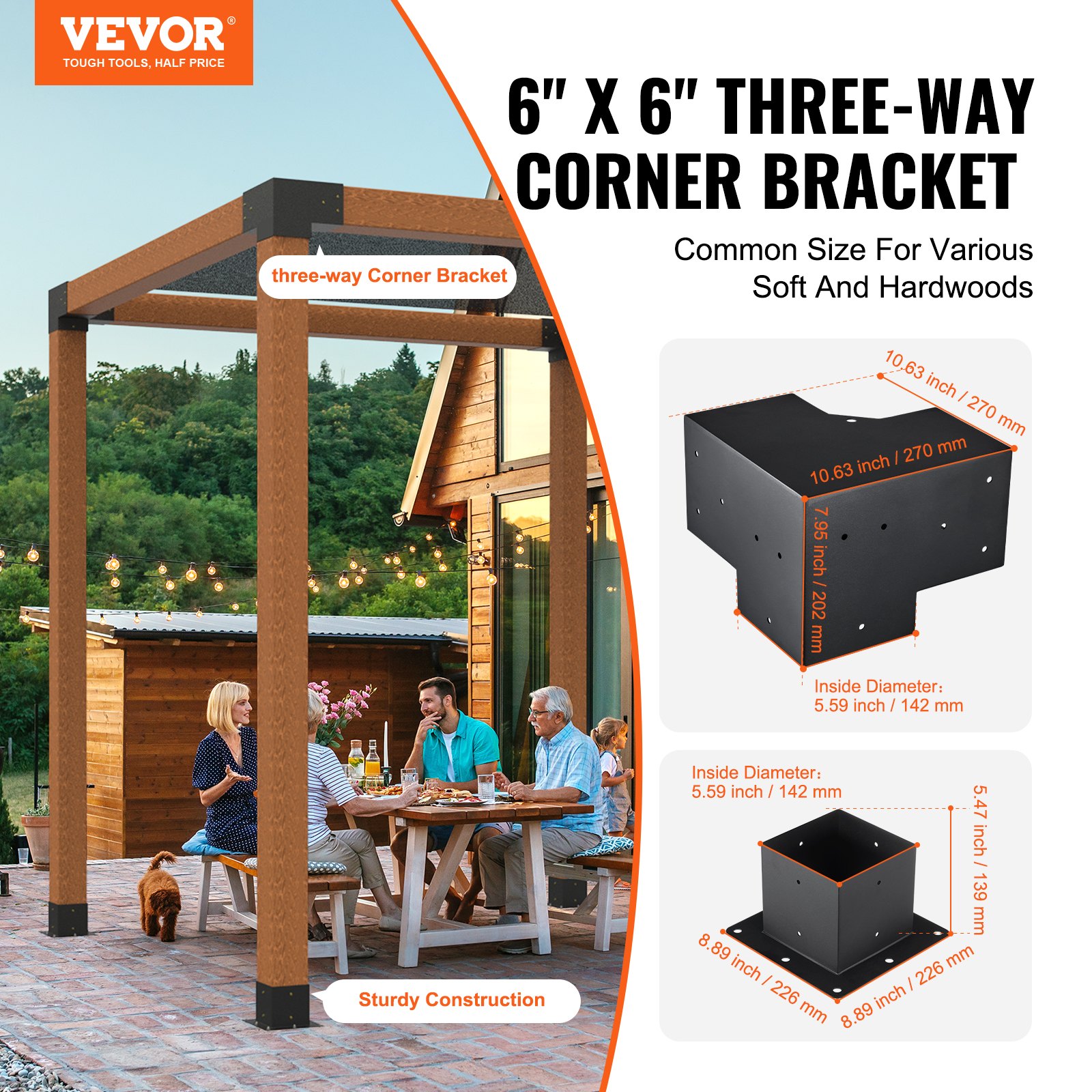 V952-LPJJTZST8PCS31NS1V0-202507141736-01 VEVOR Pergola Bracket Kit 152.4 x 152.4 mm, 8pcs 3-Way Heavy Duty Corner Bracket Woodworks DIY Post Base, Easy Installation Wooden Beams for Gazebos, Patio Pergolas, Log Cabin Outdoor Pergola Hardware - Image 2