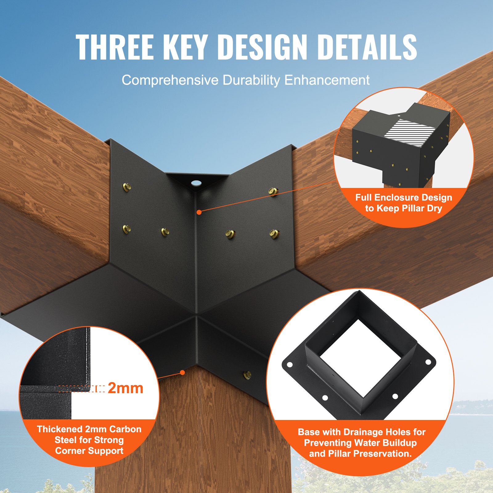 V952-LPJJTZST8PCS31NS1V0-202507141736-02 VEVOR Pergola Bracket Kit 152.4 x 152.4 mm, 8pcs 3-Way Heavy Duty Corner Bracket Woodworks DIY Post Base, Easy Installation Wooden Beams for Gazebos, Patio Pergolas, Log Cabin Outdoor Pergola Hardware - Image 3