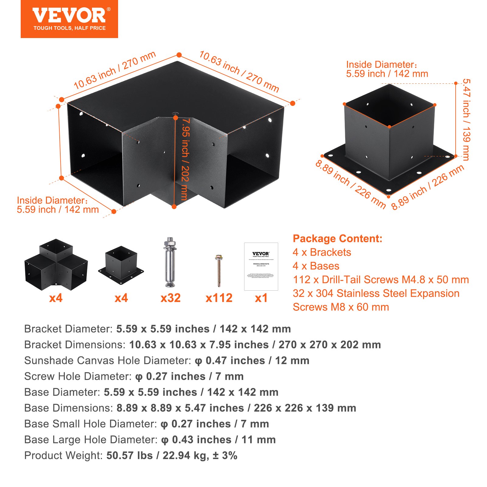 V952-LPJJTZST8PCS31NS1V0-202507141736-06 VEVOR Pergola Bracket Kit 152.4 x 152.4 mm, 8pcs 3-Way Heavy Duty Corner Bracket Woodworks DIY Post Base, Easy Installation Wooden Beams for Gazebos, Patio Pergolas, Log Cabin Outdoor Pergola Hardware - Image 7