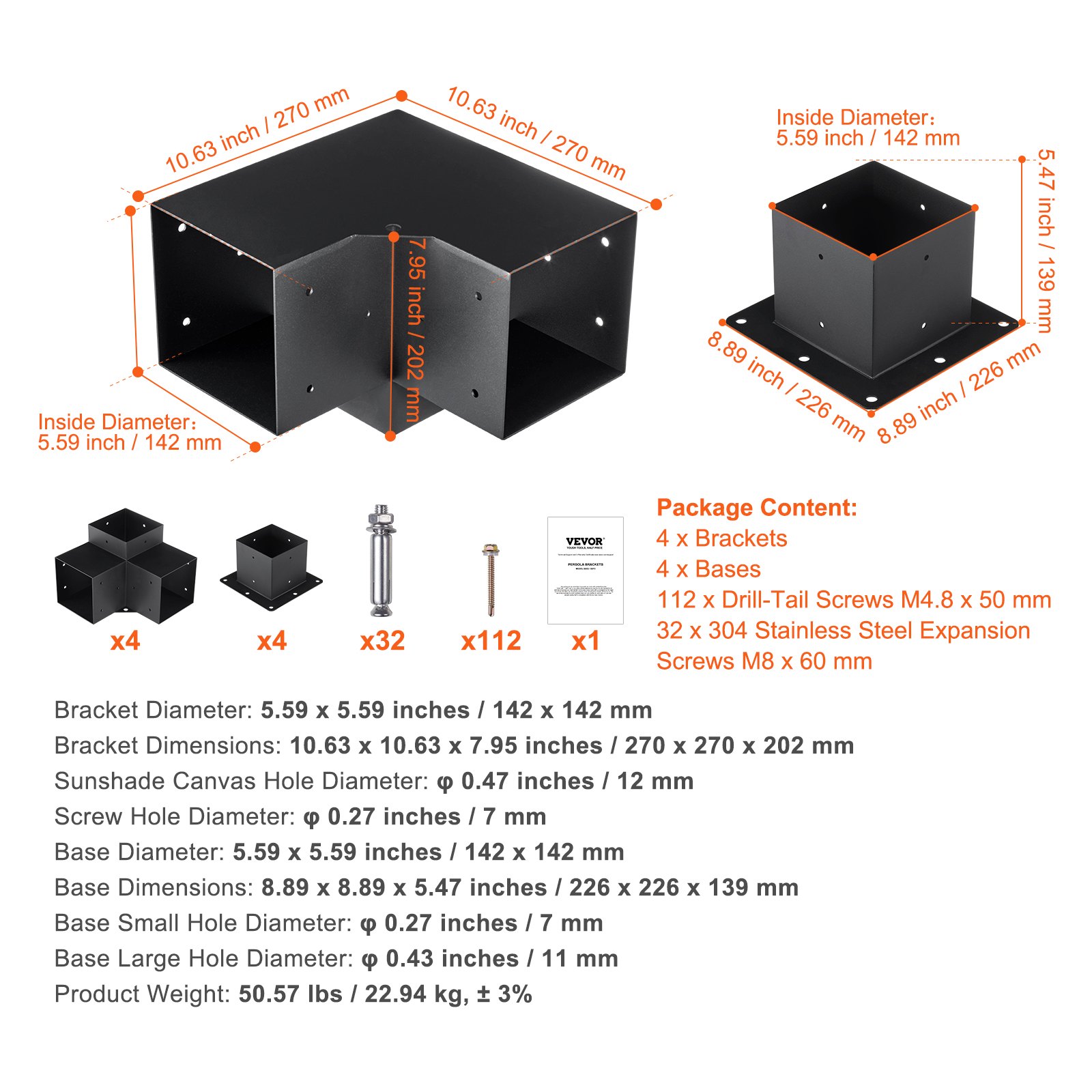 V952-LPJJTZST8PCS31NS1V0-202507141736-10 VEVOR Pergola Bracket Kit 152.4 x 152.4 mm, 8pcs 3-Way Heavy Duty Corner Bracket Woodworks DIY Post Base, Easy Installation Wooden Beams for Gazebos, Patio Pergolas, Log Cabin Outdoor Pergola Hardware - Image 11