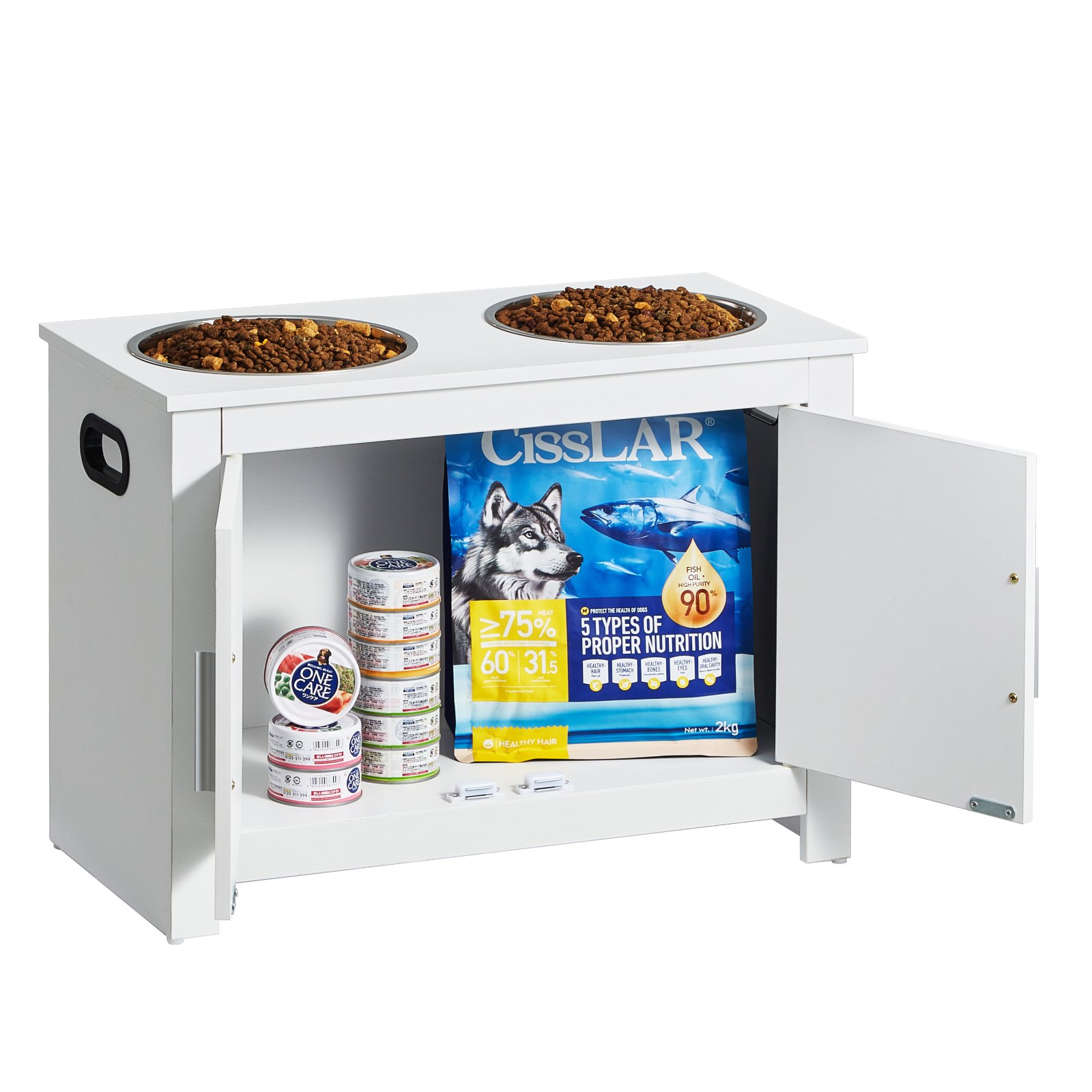 V952-MZCWHSWT17INOQPQNV0-202507141326-00 VEVOR Pet Feeding Station w/ 2 Elevated Dog Bowls Dog Food & Toy Storage Cabinet - Image 1