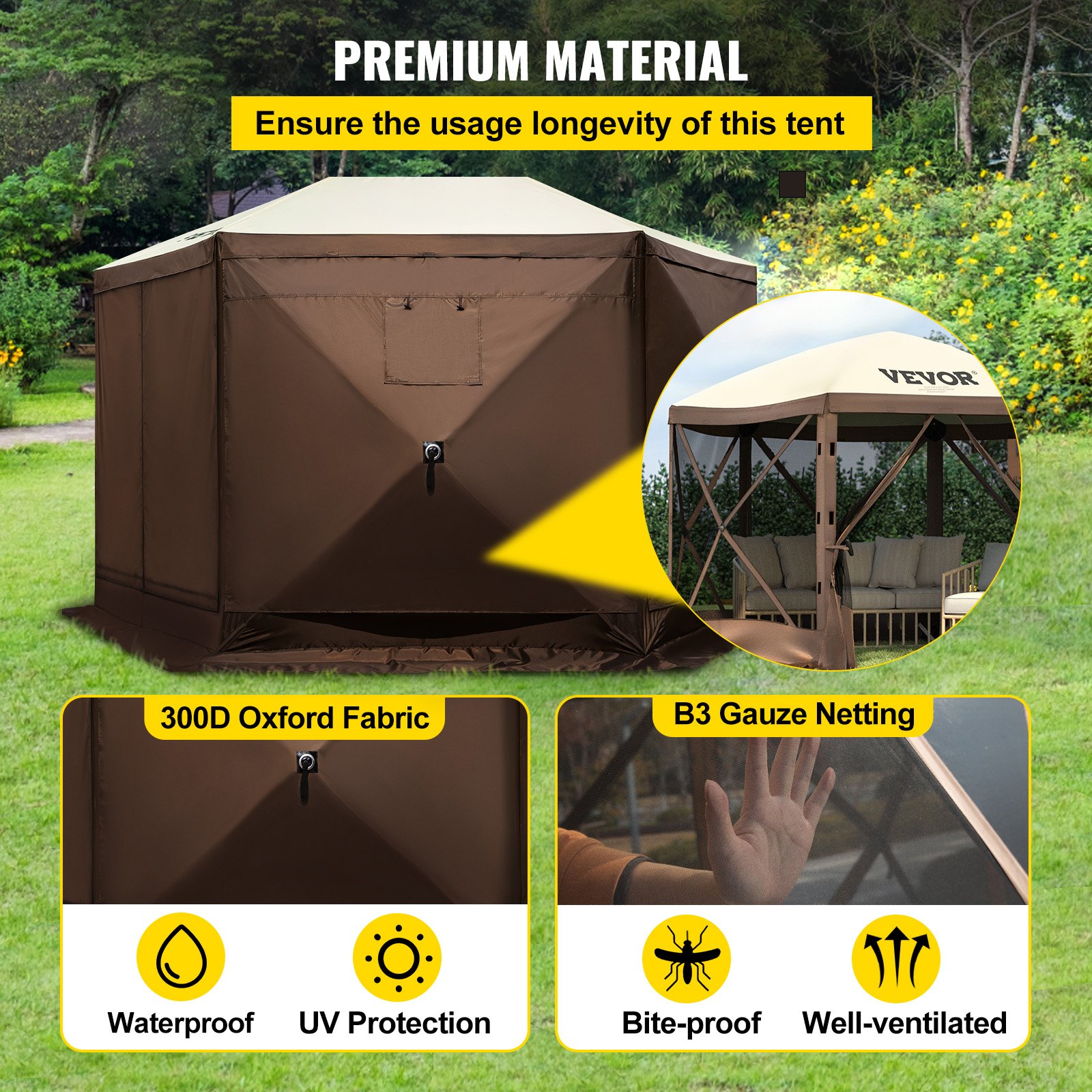 V952-MZY610FT10FT67P5KV0-202508011430-04 VEVOR Pop-up Camping Gazebo Camping Canopy Shelter 6 Sided 10' x 10' Sun Shade - Image 5