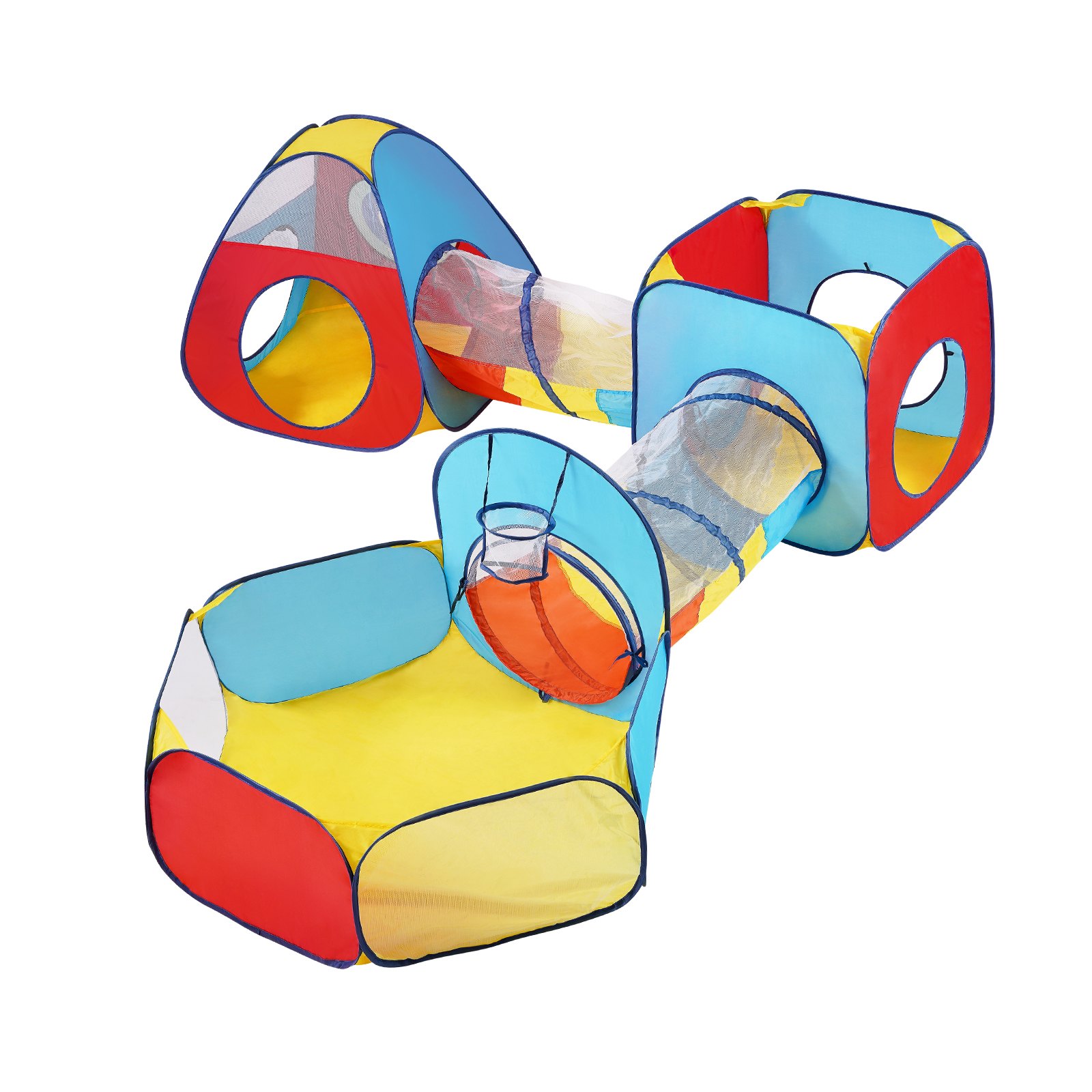 V952-PPSDZPX5DCS0ZMG6CV0-202508012311-00 VEVOR 5 in 1 Kids Play Tent with Tunnel, Basketball Hoop for Boys, Girls, Babies and Toddlers, Indoor/Outdoor Pop Up Playhouse with Carrying Bag & Banding Straps Birthday Gifts, Red/Yellow/Blue - Image 1