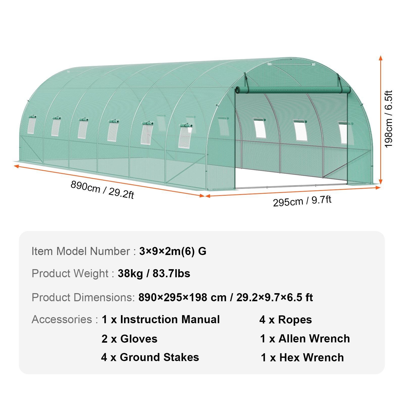 V952-SDXWS30X10X7LDOYEV0-202507141525-06 VEVOR Walk-in Tunnel Greenhouse 29.2x9.7x6.5ft Galvanized Frame PE Cover Green - Image 7