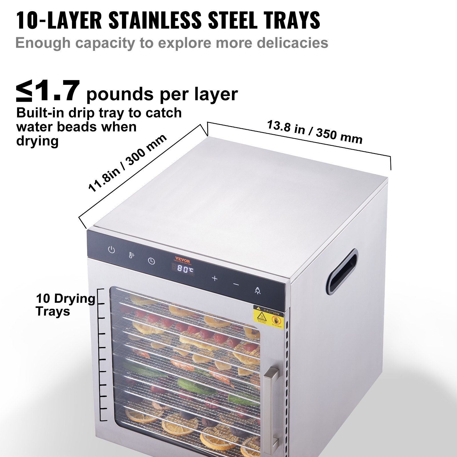 V952-SPF100548800WDQGIV3-202507141221-02 VEVOR 10 Trays Food Dehydrator Machine Stainless Steel 800W Jerky Fruit Drying - Image 3