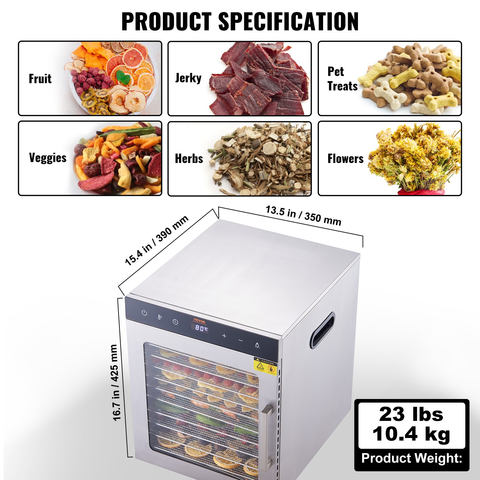 V952-SPF100548800WDQGIV3-202507141221-06 VEVOR 10 Trays Food Dehydrator Machine Stainless Steel 800W Jerky Fruit Drying - Image 7