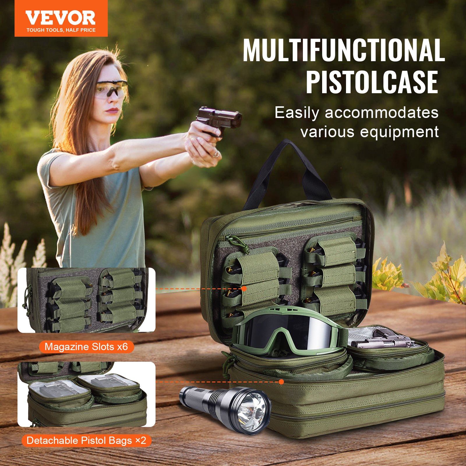 V952-SQBLS332023CK4MQXV0-202507141235-01 VEVOR Range Bag for 2 Pistols Tactical Gun Bag 2 Built-in Pistol Bags Green - Image 2