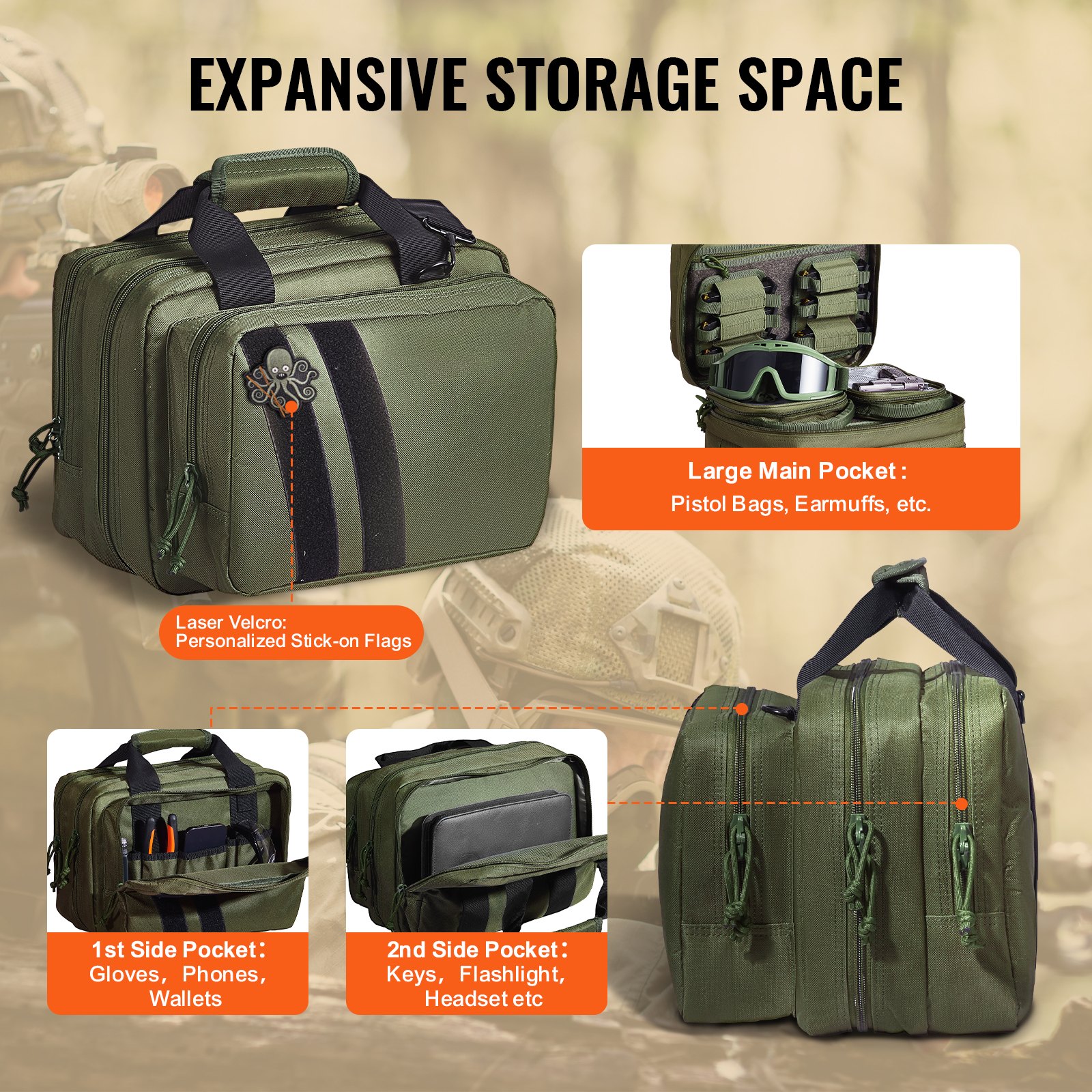 V952-SQBLS332023CK4MQXV0-202507141235-03 VEVOR Range Bag for 2 Pistols Tactical Gun Bag 2 Built-in Pistol Bags Green - Image 4