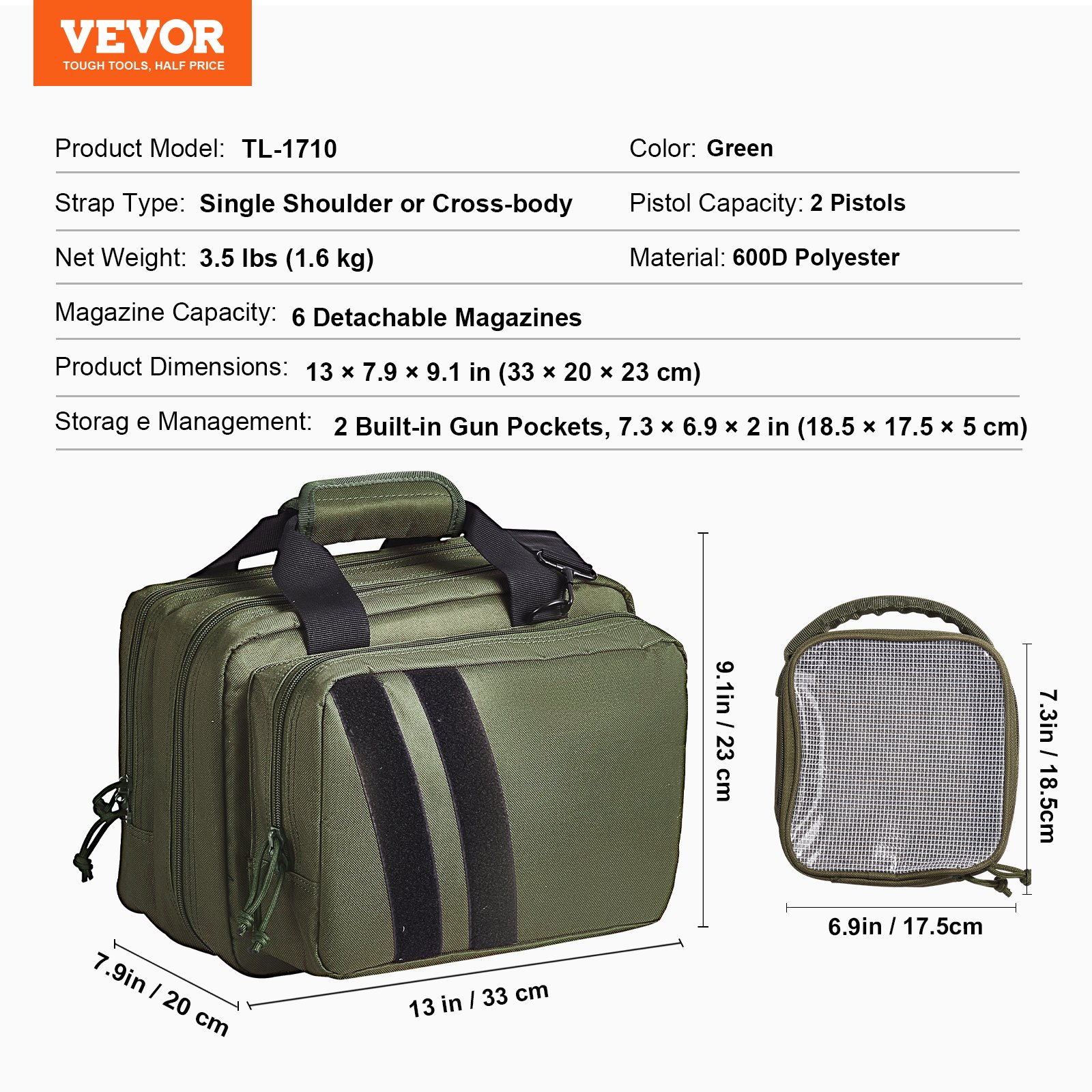 V952-SQBLS332023CK4MQXV0-202507141235-06 VEVOR Range Bag for 2 Pistols Tactical Gun Bag 2 Built-in Pistol Bags Green - Image 7