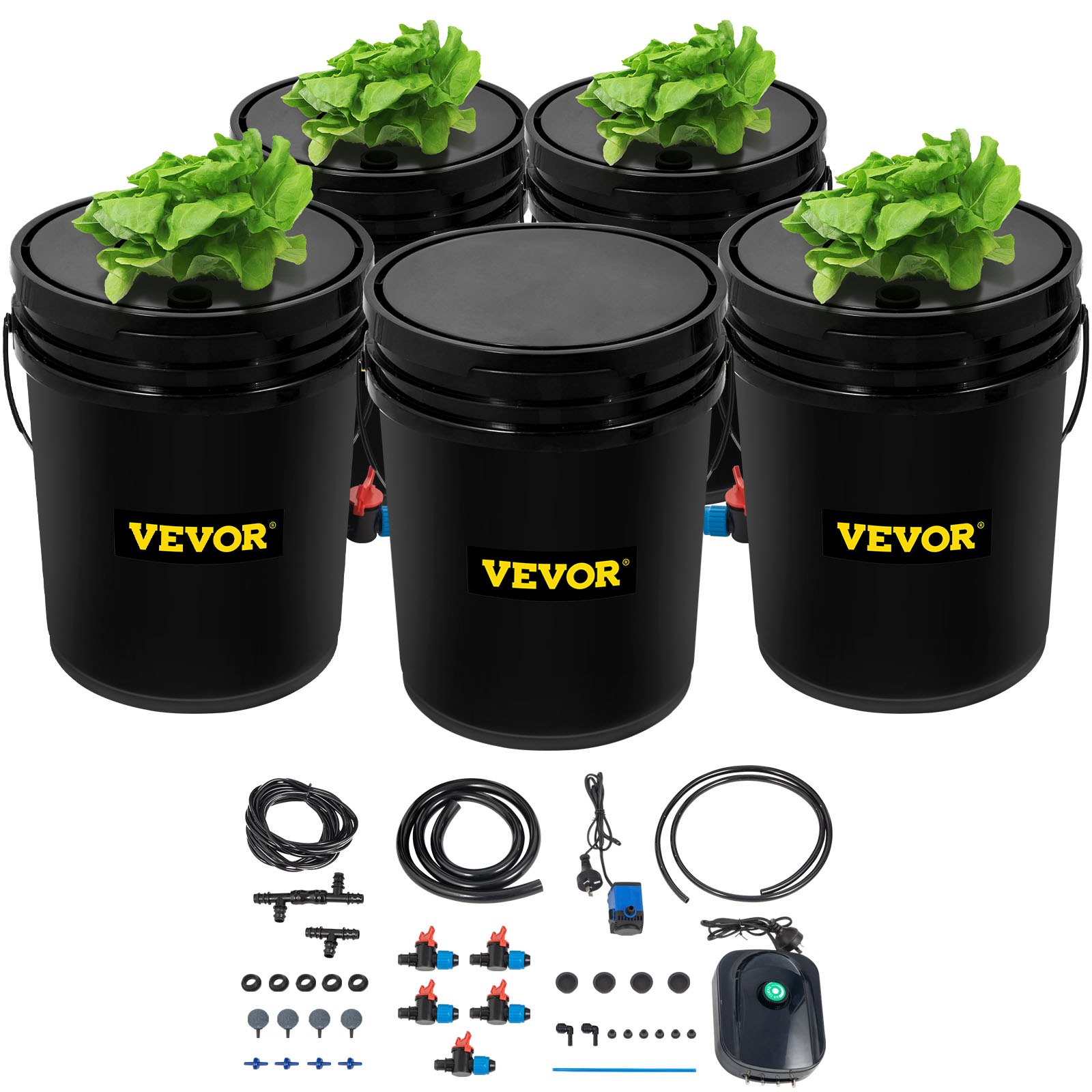 V952-SSSPXTYX5220VAXN5V3-202508011905-00 VEVOR DWC Hydroponic System, 5 Gallon 5 Buckets, Deep Water Culture Growing Bucket, Hydroponics Grow Kit with Pump, Air Stone and Connected Reservoir, for Indoor/Outdoor Leafy Vegetables - Image 1