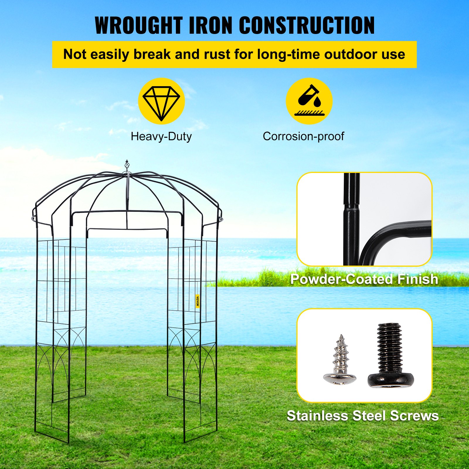V952-TYHYGMYCHSNL9G07VV0-202508011342-02 VEVOR Birdcage Shape Garden Arbor, 9' High x 6.6' Wide, Heavy Duty Wrought Iron Arbor, Wedding Arch Trellis for Climbing Vines in Outdoor Garden, Lawn, Backyard, Patio, Black - Image 3