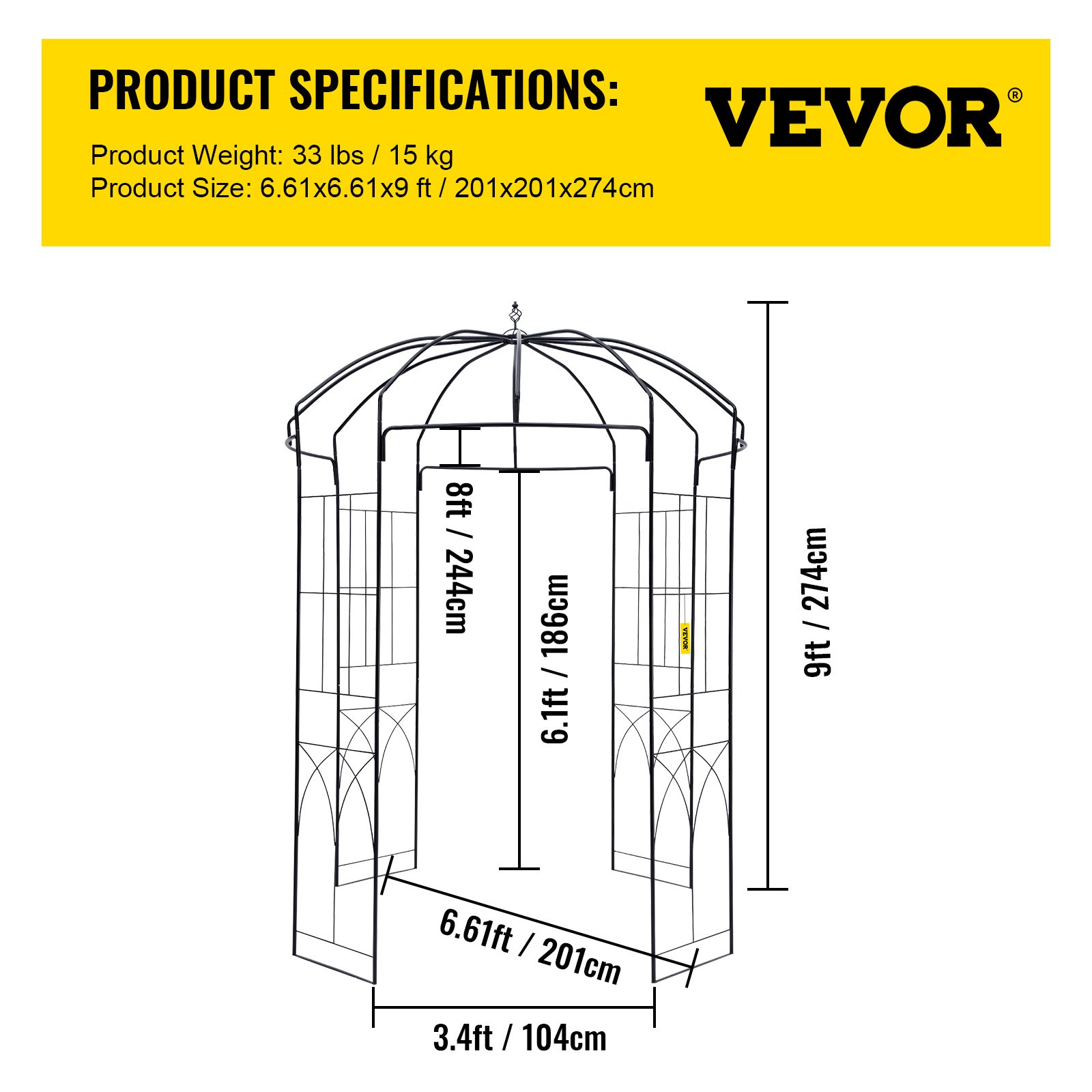 V952-TYHYGMYCHSNL9G07VV0-202508011342-06 VEVOR Birdcage Shape Garden Arbor, 9' High x 6.6' Wide, Heavy Duty Wrought Iron Arbor, Wedding Arch Trellis for Climbing Vines in Outdoor Garden, Lawn, Backyard, Patio, Black - Image 7