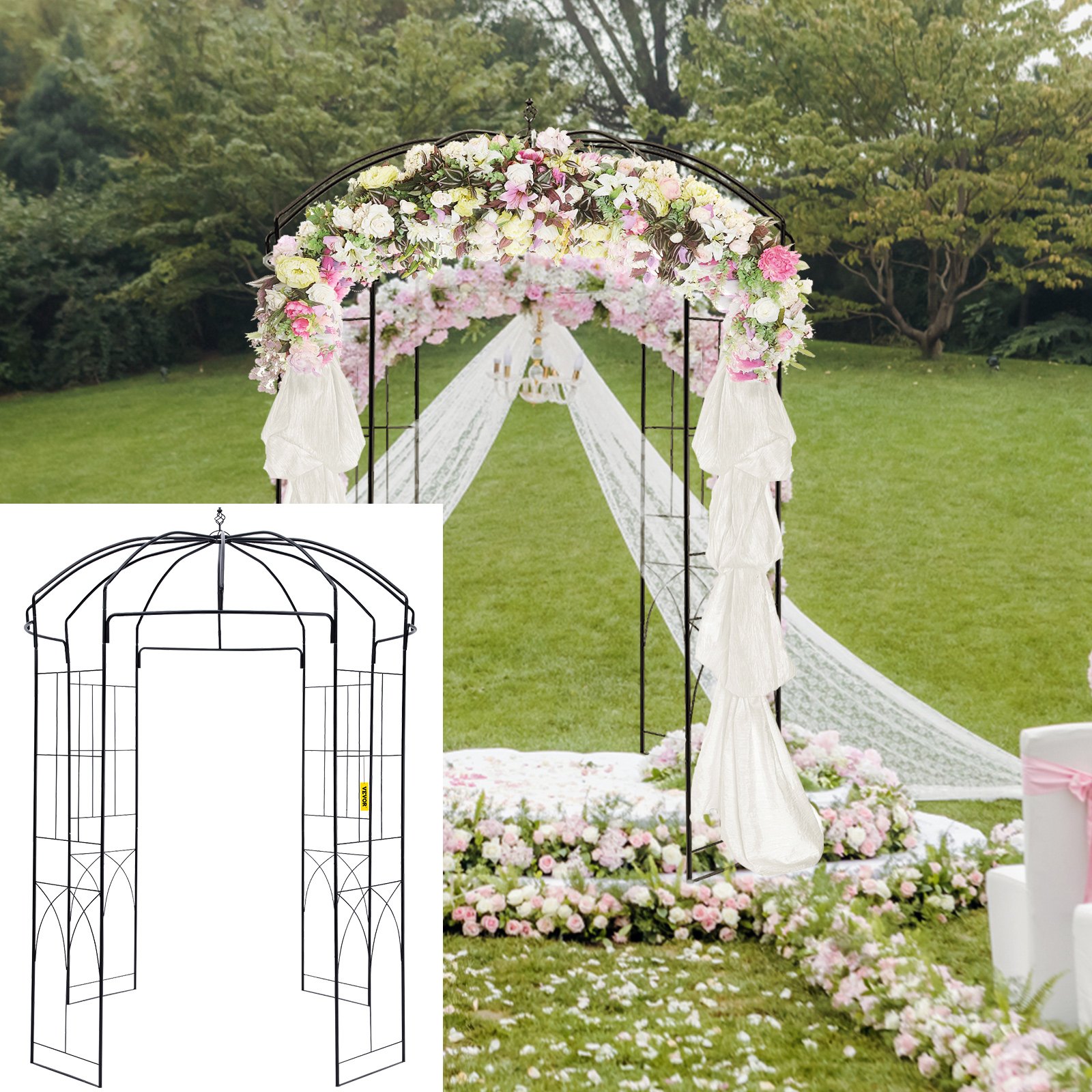 V952-TYHYGMYCHSNL9G07VV0-202508011342-07 VEVOR Birdcage Shape Garden Arbor, 9' High x 6.6' Wide, Heavy Duty Wrought Iron Arbor, Wedding Arch Trellis for Climbing Vines in Outdoor Garden, Lawn, Backyard, Patio, Black - Image 8