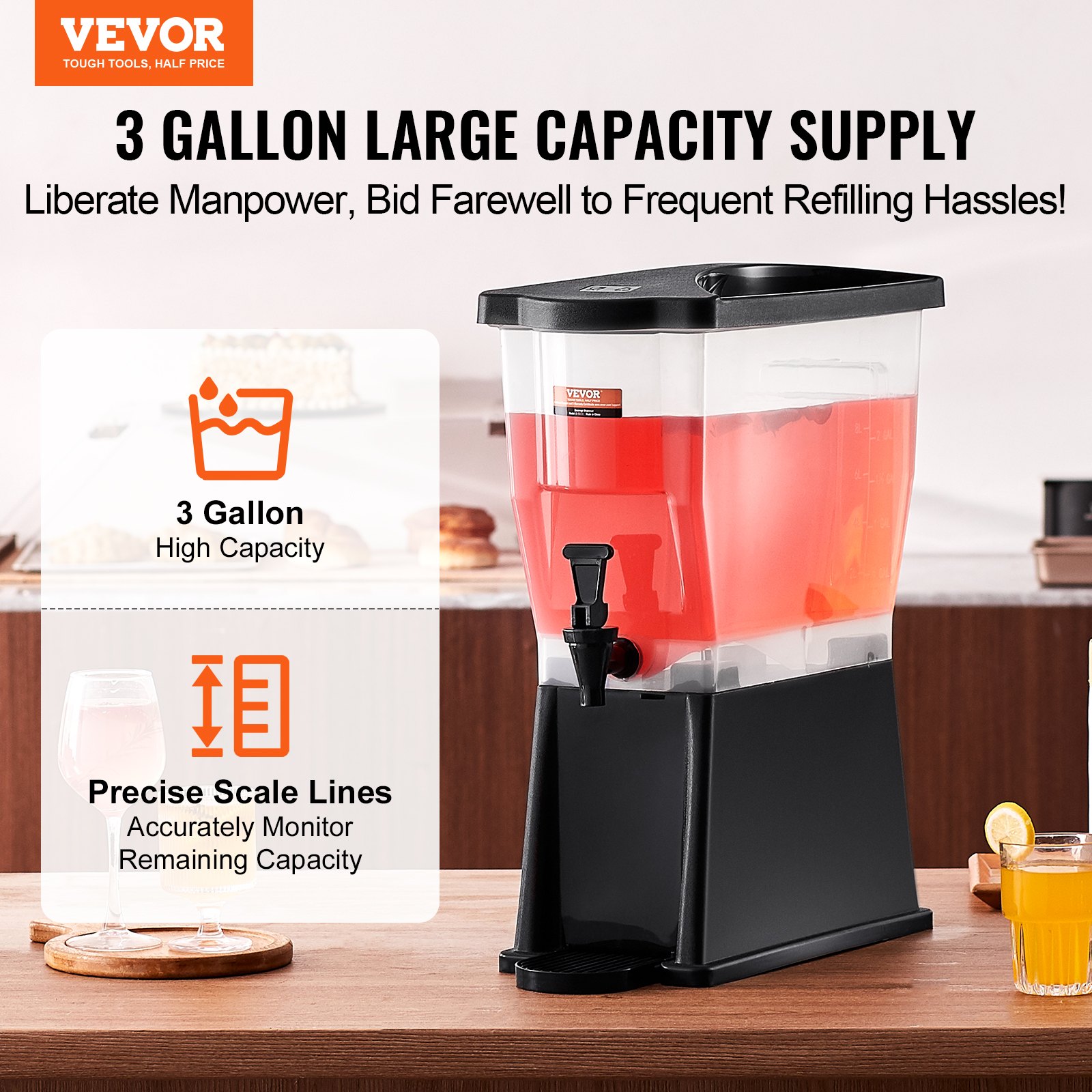 V952-YLFPQSLFPQSLBDLFNV0-202508020036-01 VEVOR Beverage Dispenser, 3 Gallon Drink Dispenser for Parties, Plastic Juice Dispenser with Stand Spigot Lid, Iced Tea Lemonade Juice Water Dispenser, for Restaurants, Hotels, Parties - Image 2