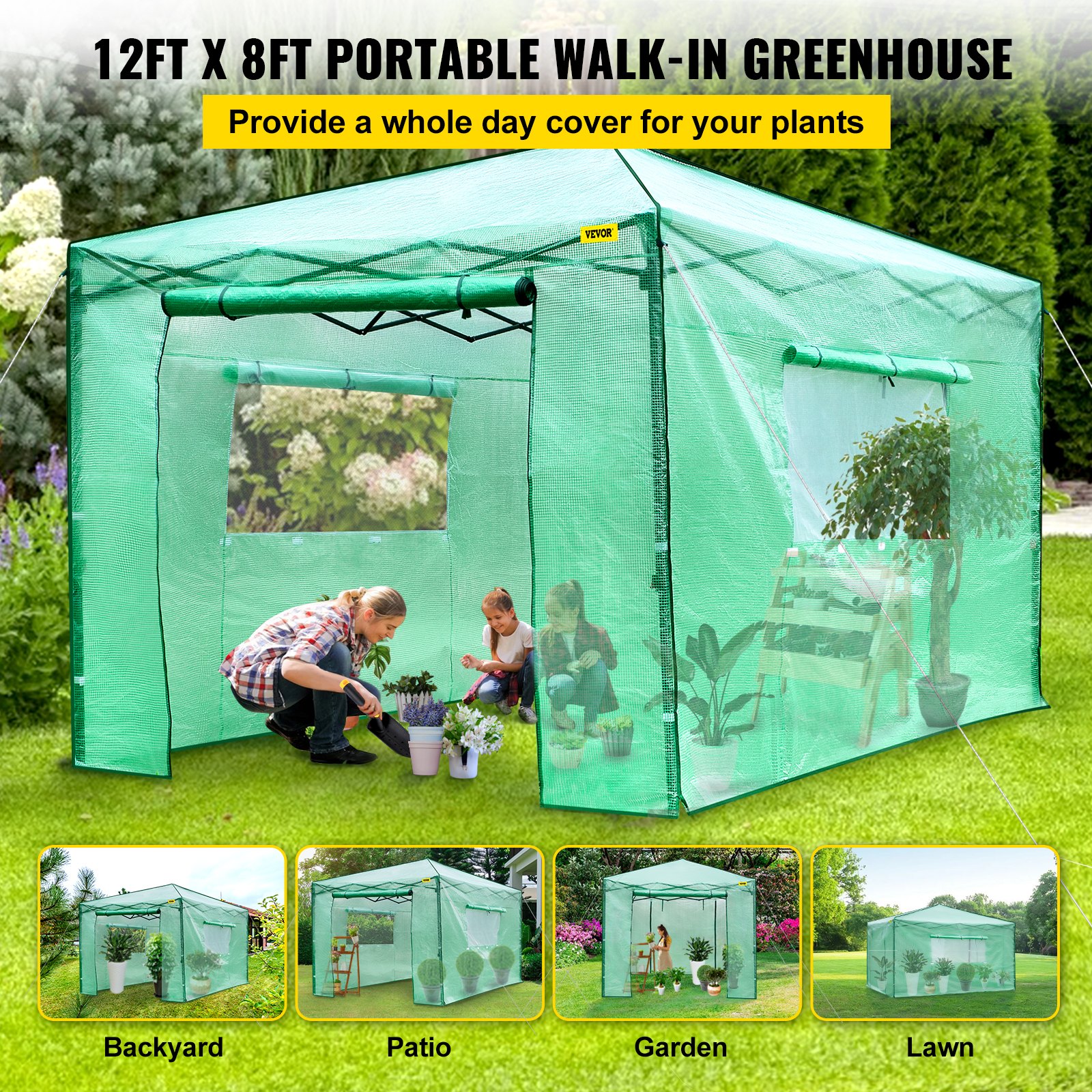 V952-ZDBXSHYW-128814R5V0-202507141511-01 VEVOR 12'x 8'x 8' Pop-Up Greenhouse, Set Up in Minutes, Portable Greenhouse with Doors & Windows. High Strength PE Cover & Powder-Coated Steel Construction - Image 2