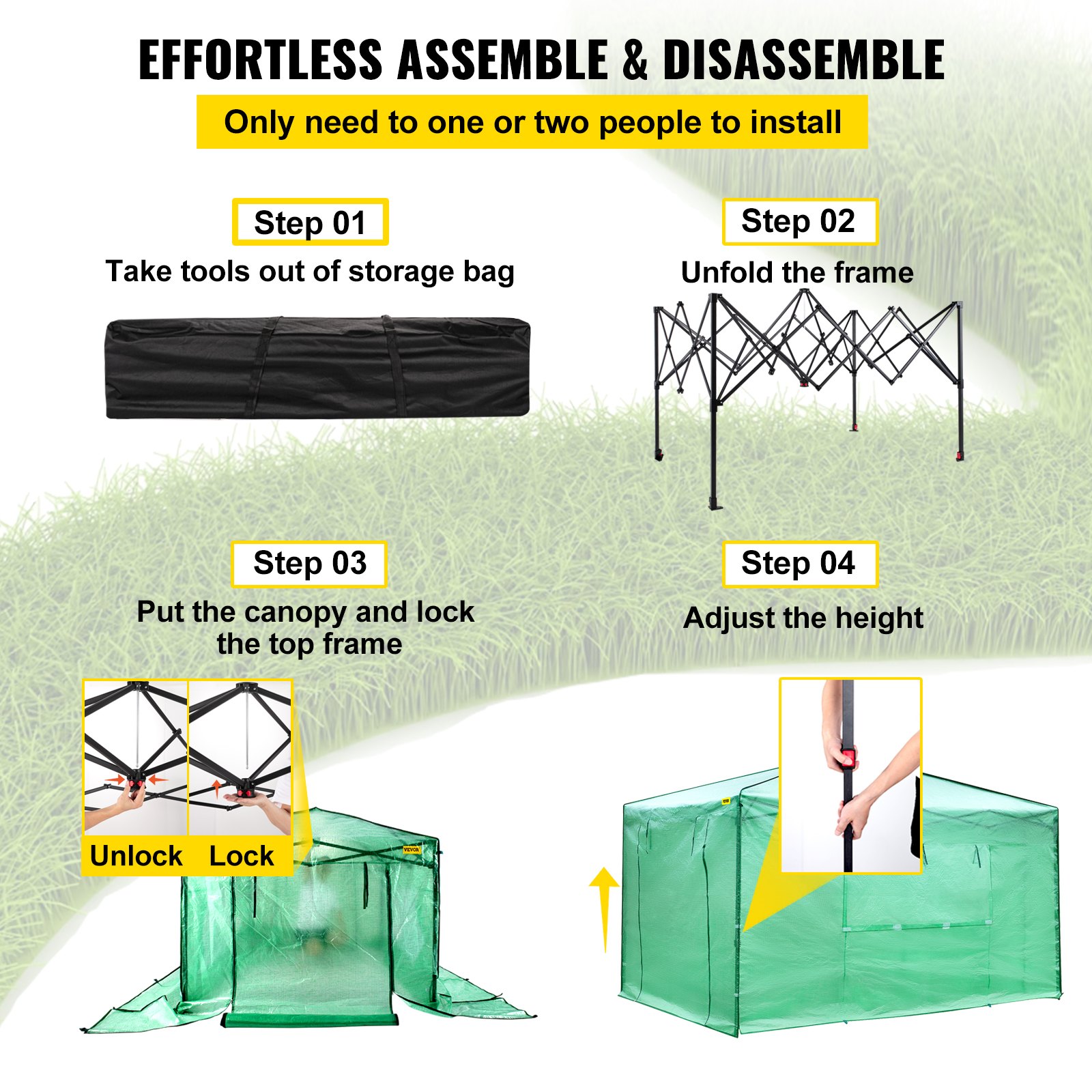 V952-ZDBXSHYW-128814R5V0-202507141511-02 VEVOR 12'x 8'x 8' Pop-Up Greenhouse, Set Up in Minutes, Portable Greenhouse with Doors & Windows. High Strength PE Cover & Powder-Coated Steel Construction - Image 3