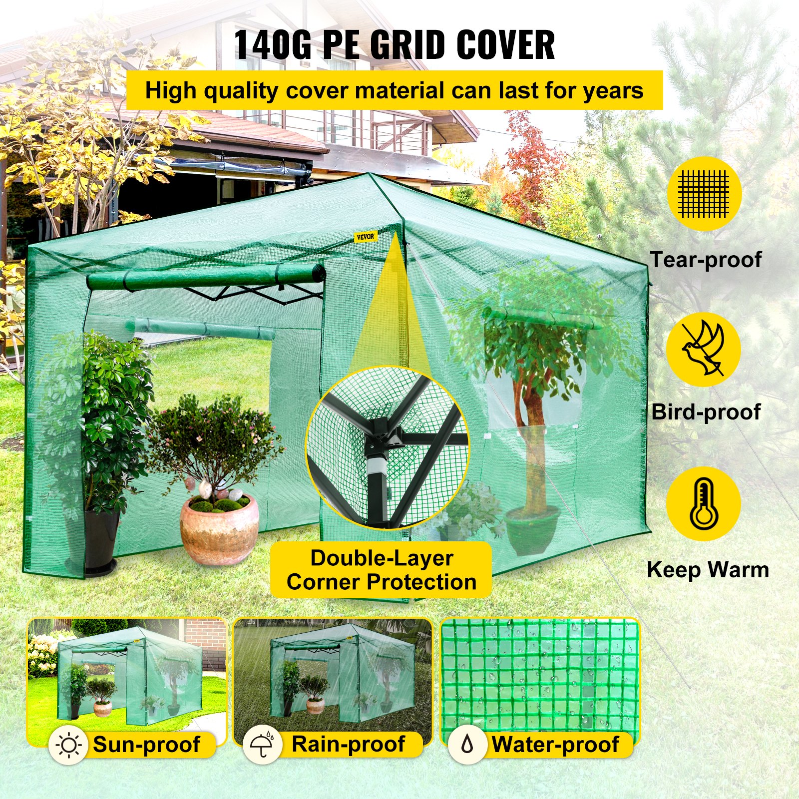 V952-ZDBXSHYW-128814R5V0-202507141511-03 VEVOR 12'x 8'x 8' Pop-Up Greenhouse, Set Up in Minutes, Portable Greenhouse with Doors & Windows. High Strength PE Cover & Powder-Coated Steel Construction - Image 4