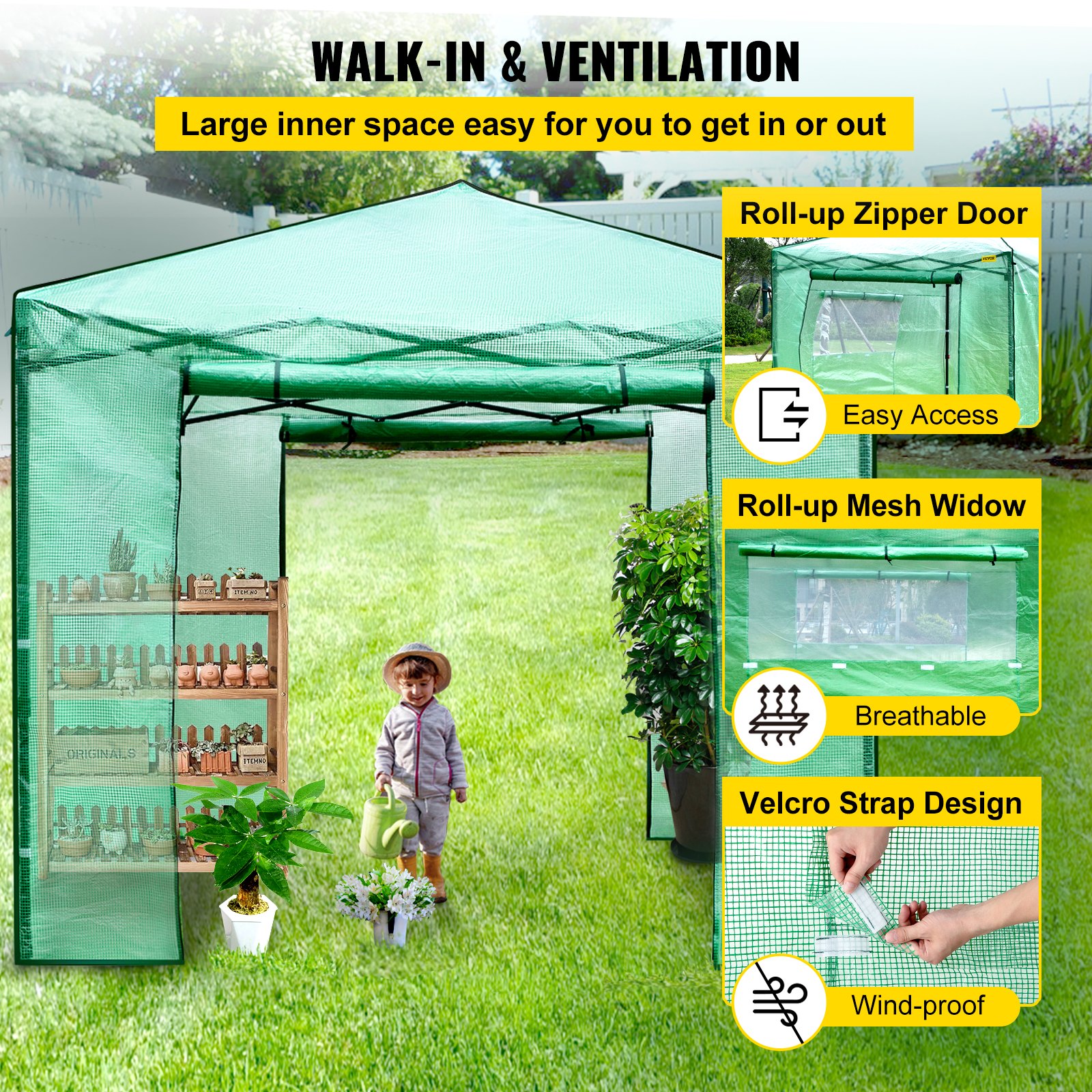 V952-ZDBXSHYW-128814R5V0-202507141511-04 VEVOR 12'x 8'x 8' Pop-Up Greenhouse, Set Up in Minutes, Portable Greenhouse with Doors & Windows. High Strength PE Cover & Powder-Coated Steel Construction - Image 5