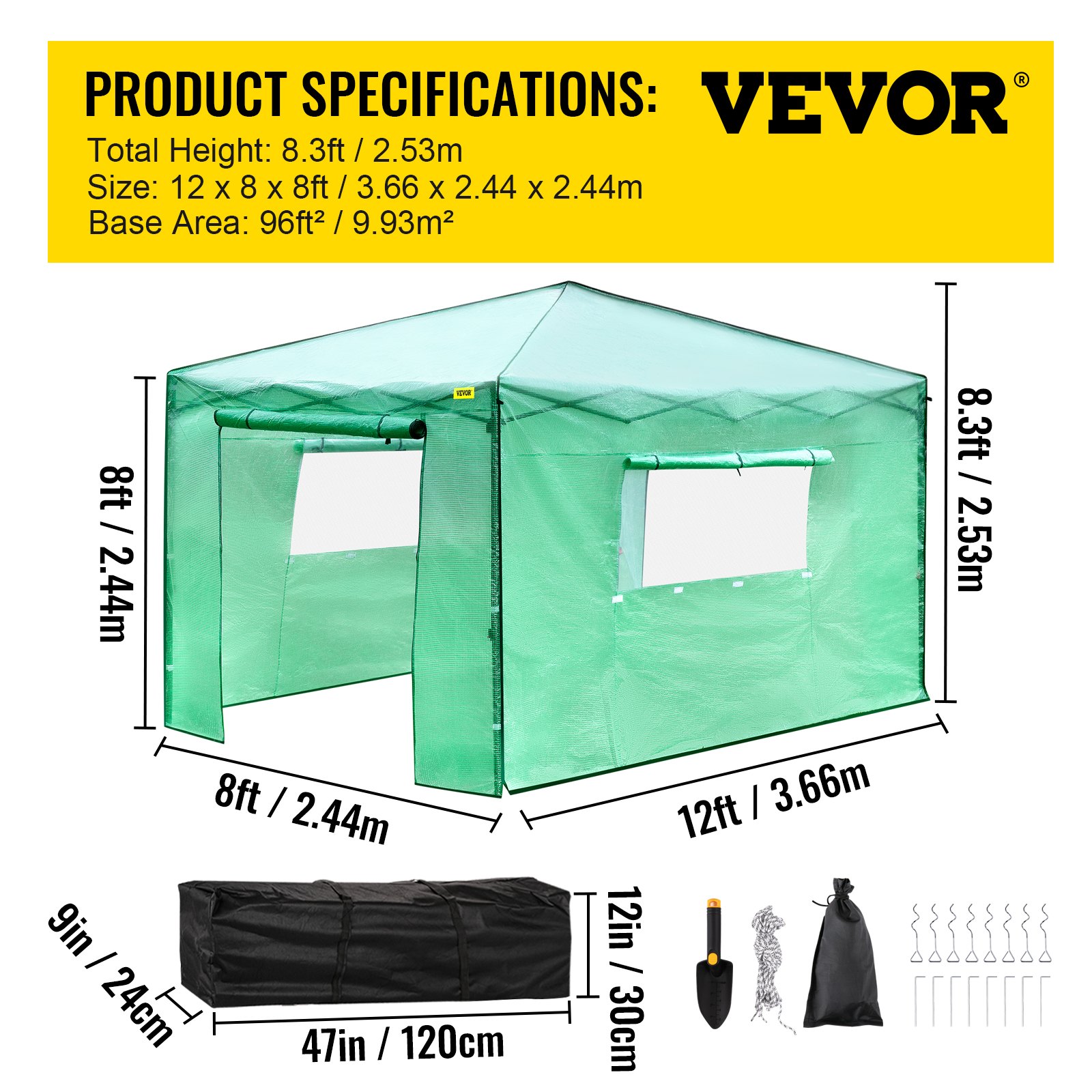 V952-ZDBXSHYW-128814R5V0-202507141511-06 VEVOR 12'x 8'x 8' Pop-Up Greenhouse, Set Up in Minutes, Portable Greenhouse with Doors & Windows. High Strength PE Cover & Powder-Coated Steel Construction - Image 7
