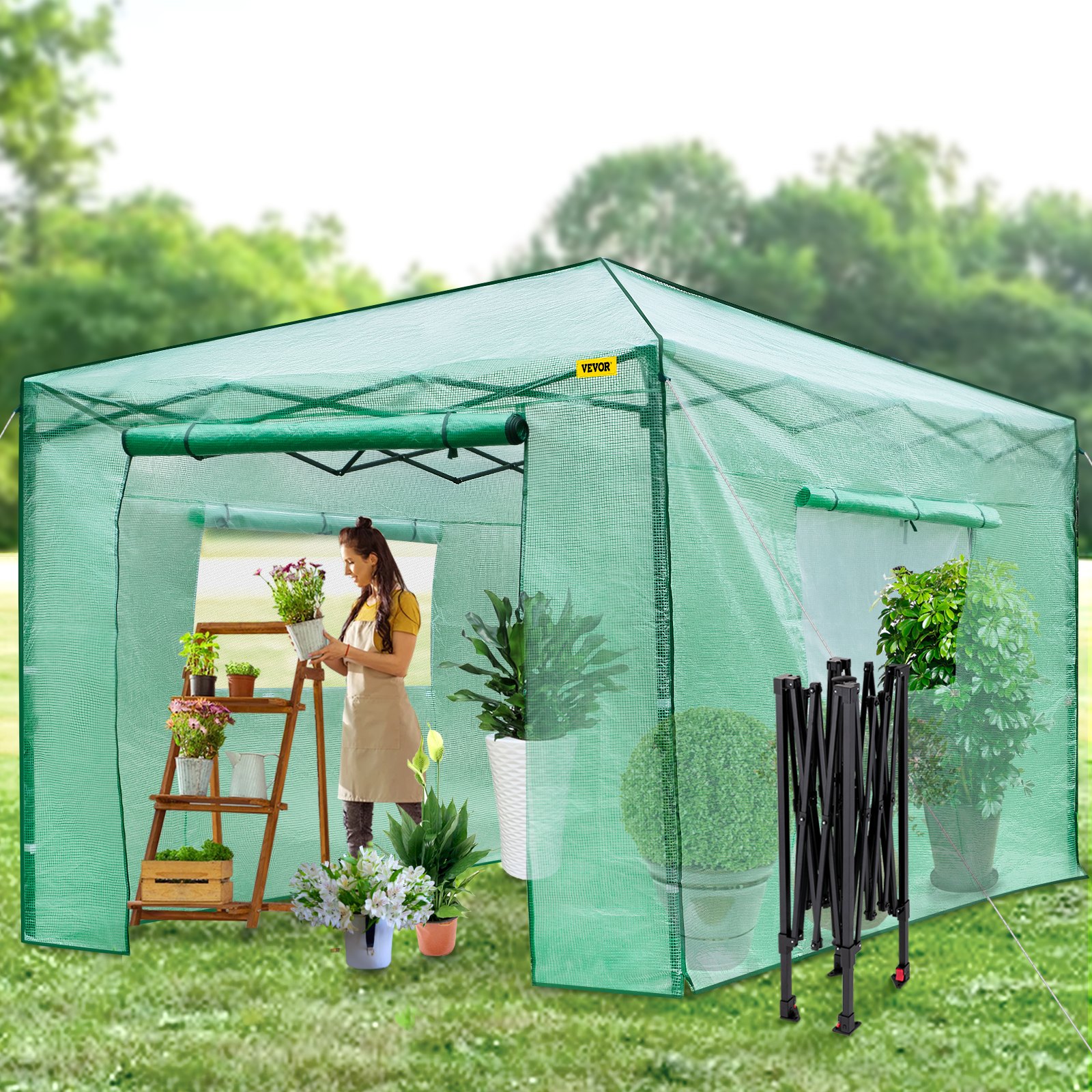 V952-ZDBXSHYW-128814R5V0-202507141511-07 VEVOR 12'x 8'x 8' Pop-Up Greenhouse, Set Up in Minutes, Portable Greenhouse with Doors & Windows. High Strength PE Cover & Powder-Coated Steel Construction - Image 8