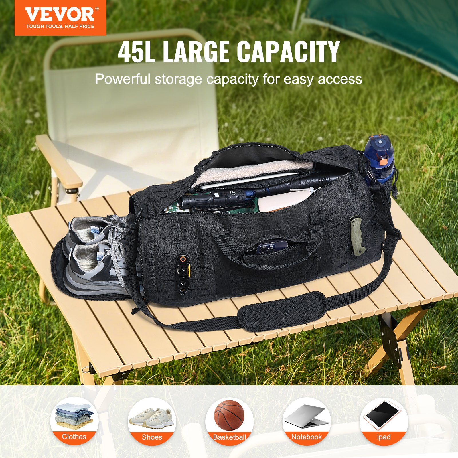 V952-ZSXLDHS45L00R8KMZV0-202507141617-01 VEVOR Tactical Duffle Bag 45L Gym Bag Duffle Molle Design & Shoe Compartment - Image 2