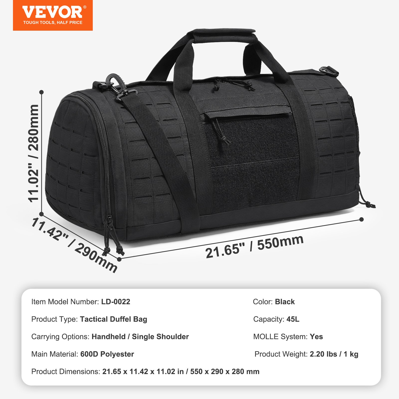 V952-ZSXLDHS45L00R8KMZV0-202507141617-06 VEVOR Tactical Duffle Bag 45L Gym Bag Duffle Molle Design & Shoe Compartment - Image 7