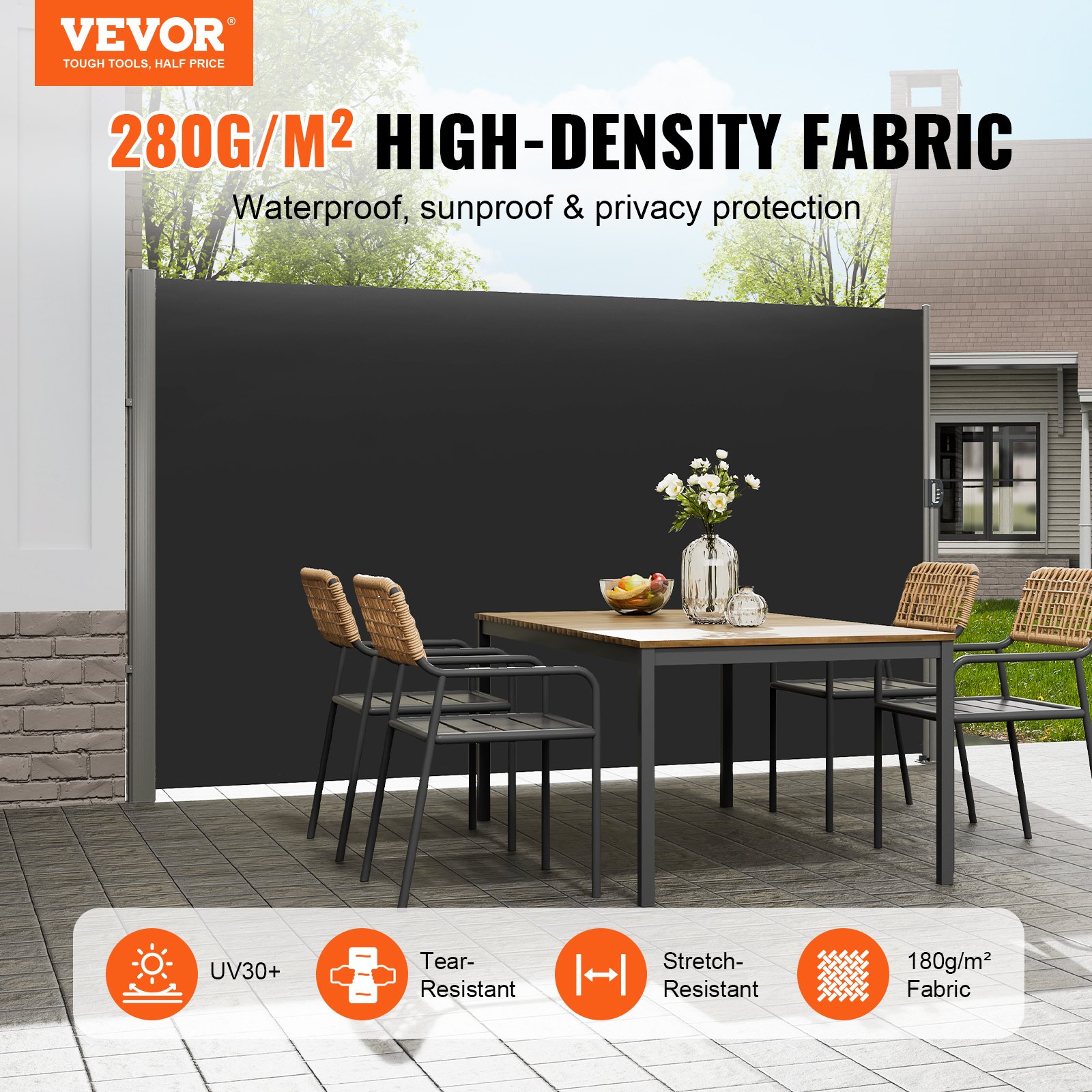 V952-ZYPF160X300CMBK01V0-202507141811-01 VEVOR Retractable Side Awning, 160X300cm Aluminum Outdoor Privacy Screen, 280g Polyester Water-proof Retractable Patio Screen, UV 30+ Room Divider Wind Screen for Patio, Backyard, Balcony, Black - Image 2