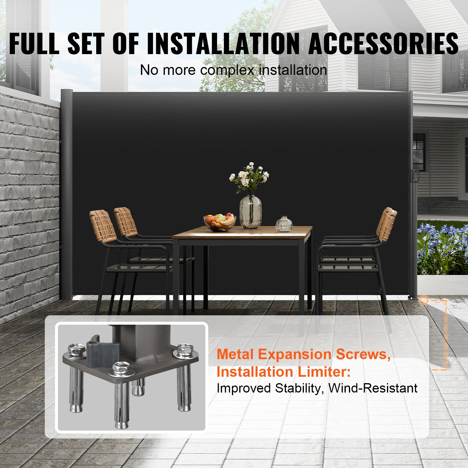 V952-ZYPF160X300CMBK01V0-202507141811-03 VEVOR Retractable Side Awning, 160X300cm Aluminum Outdoor Privacy Screen, 280g Polyester Water-proof Retractable Patio Screen, UV 30+ Room Divider Wind Screen for Patio, Backyard, Balcony, Black - Image 4