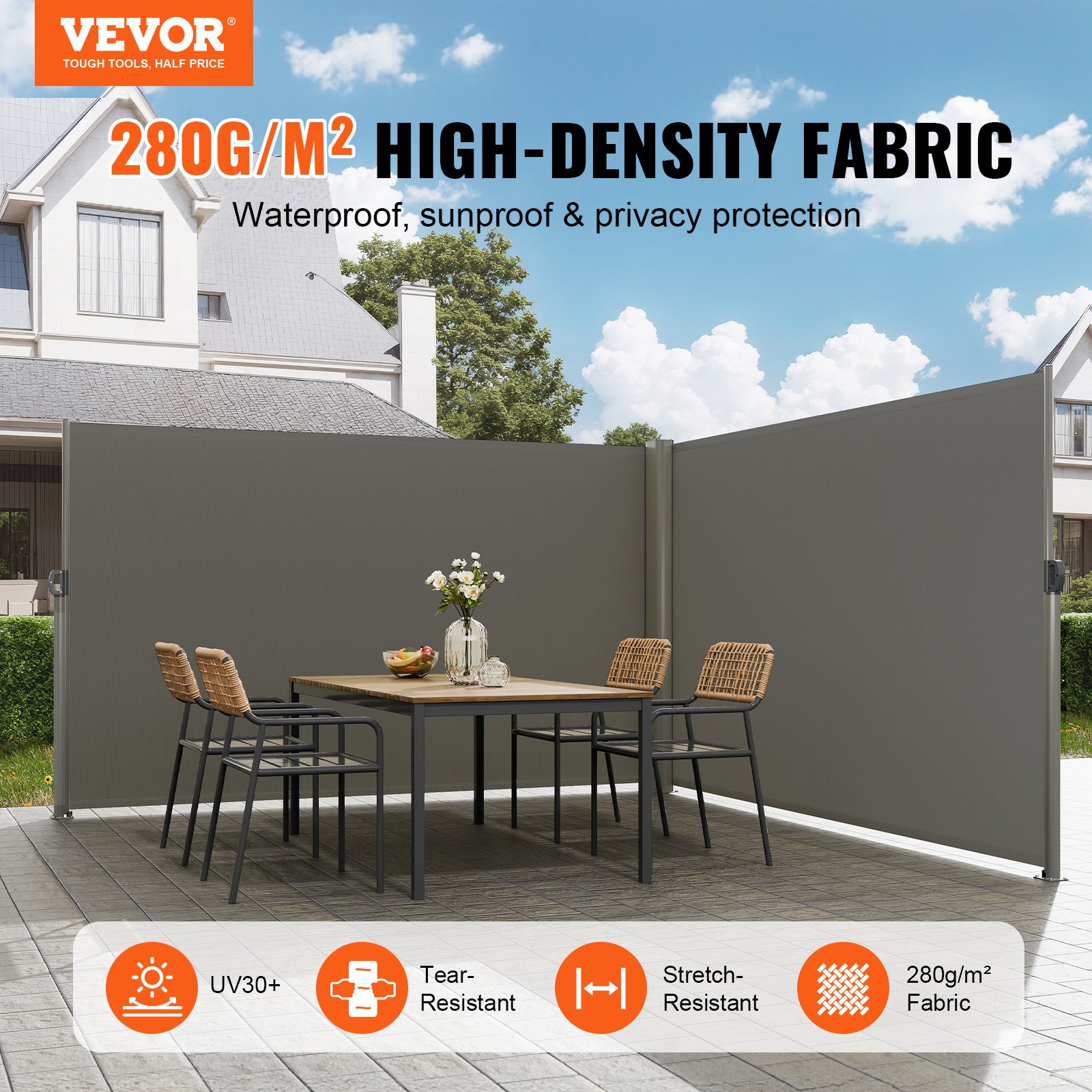 V952-ZYPF180X600CMGY01V0-202507141443-01 VEVOR Retractable Side Awning, 180X600cm Aluminum Outdoor Privacy Screen, 280g Polyester Water-proof Retractable Patio Screen, UV 30+ Room Divider Wind Screen for Patio, Backyard, Balcony, Gray - Image 2