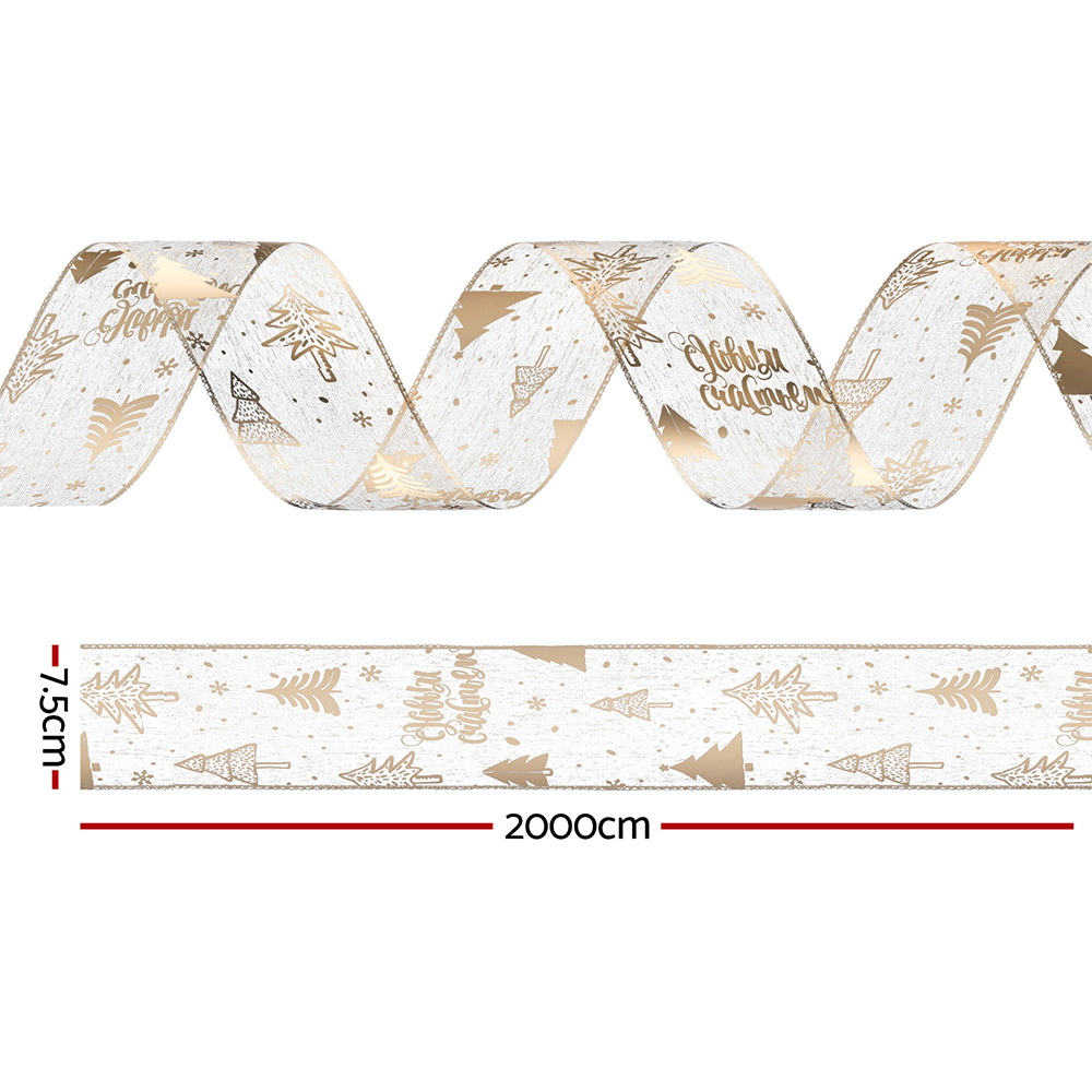 XM-TR-RIBBON-GD-202508181242-01 Jingle Jollys 20M Christmas Ribbon Roll Bow Printed Xmas Tree Decor Gift Gold - Image 2