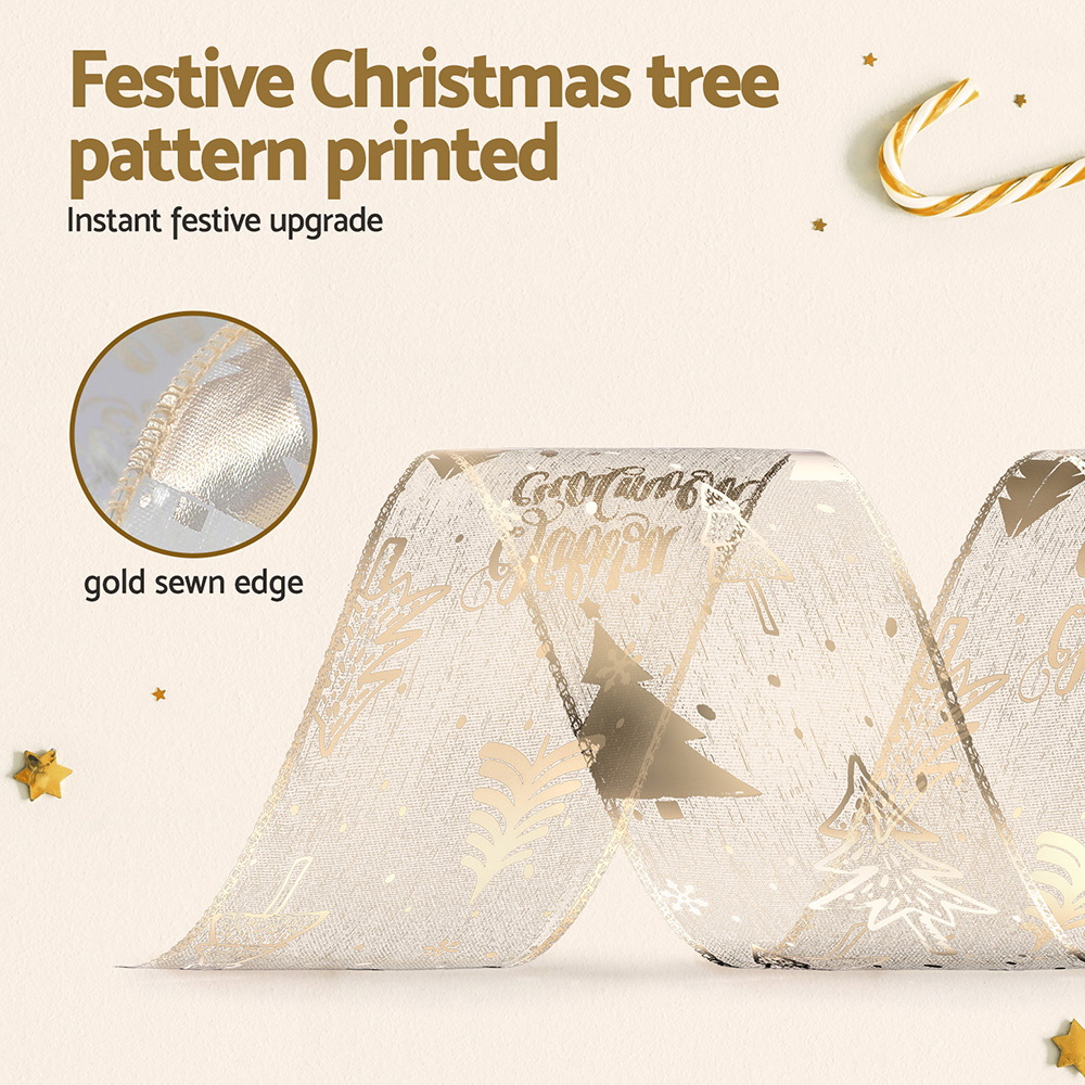 XM-TR-RIBBON-GD-202508181242-03 Jingle Jollys 20M Christmas Ribbon Roll Bow Printed Xmas Tree Decor Gift Gold - Image 4