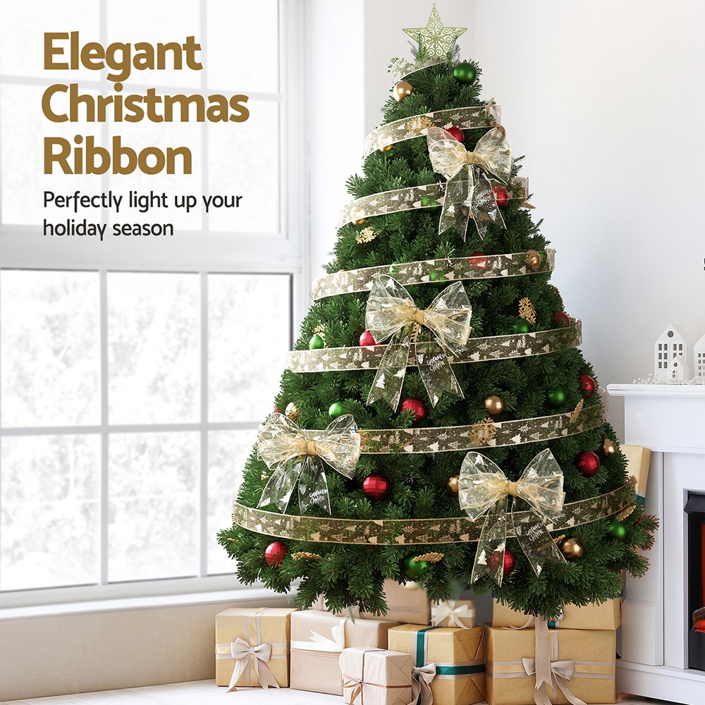 XM-TR-RIBBON-GD-202508181242-04 Jingle Jollys 20M Christmas Ribbon Roll Bow Printed Xmas Tree Decor Gift Gold - Image 5